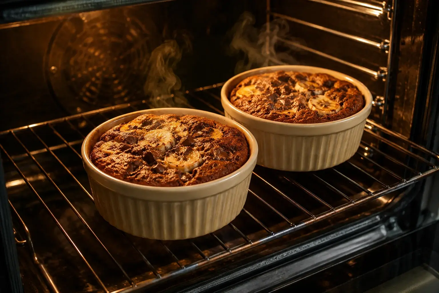 Ramequins de baked oats chocolat-banane dans le four, dessus doré et légèrement craquelé