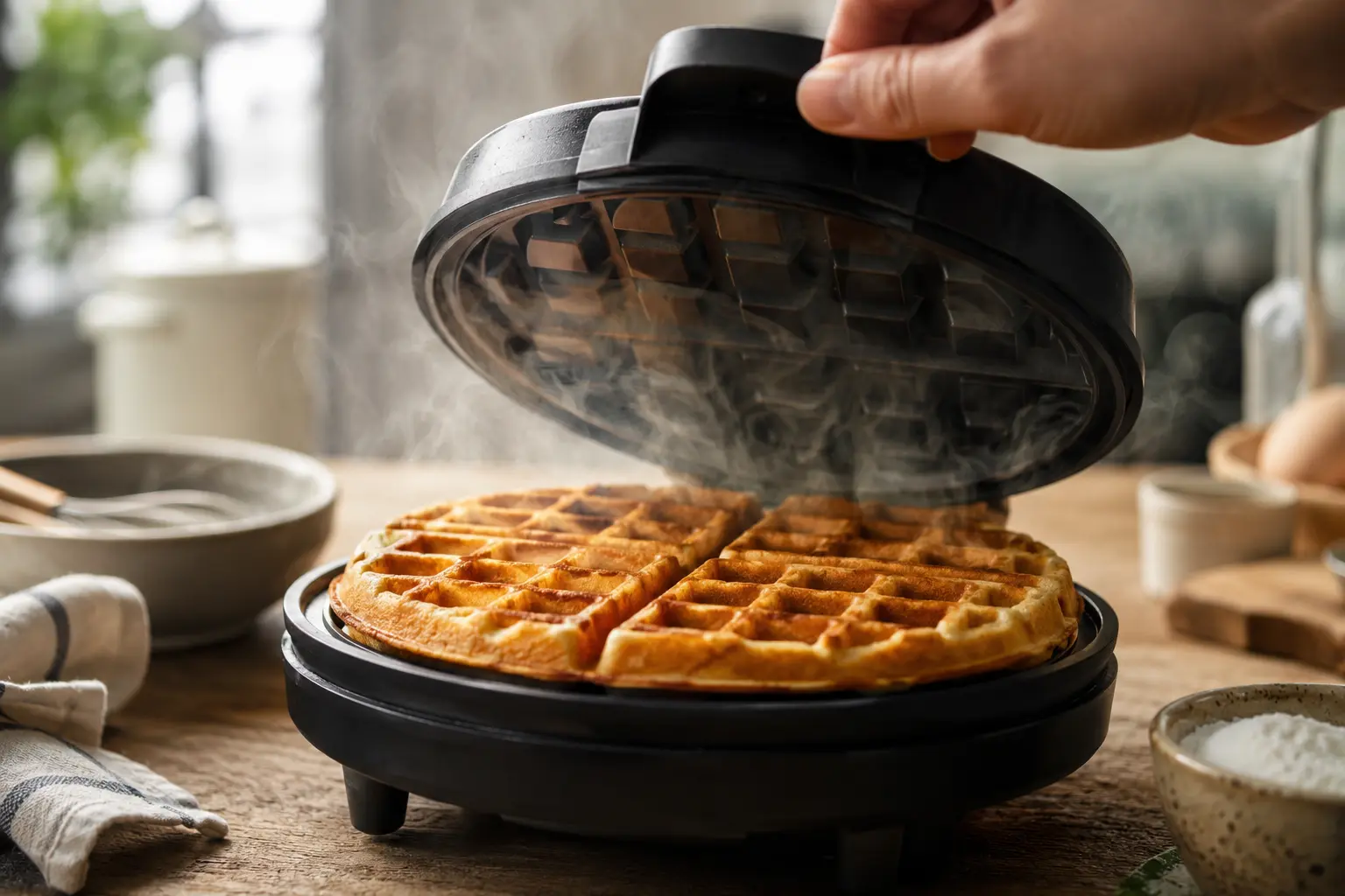 Gaufre protéinée aux amandes en train de cuire dans un gaufrier ouvert