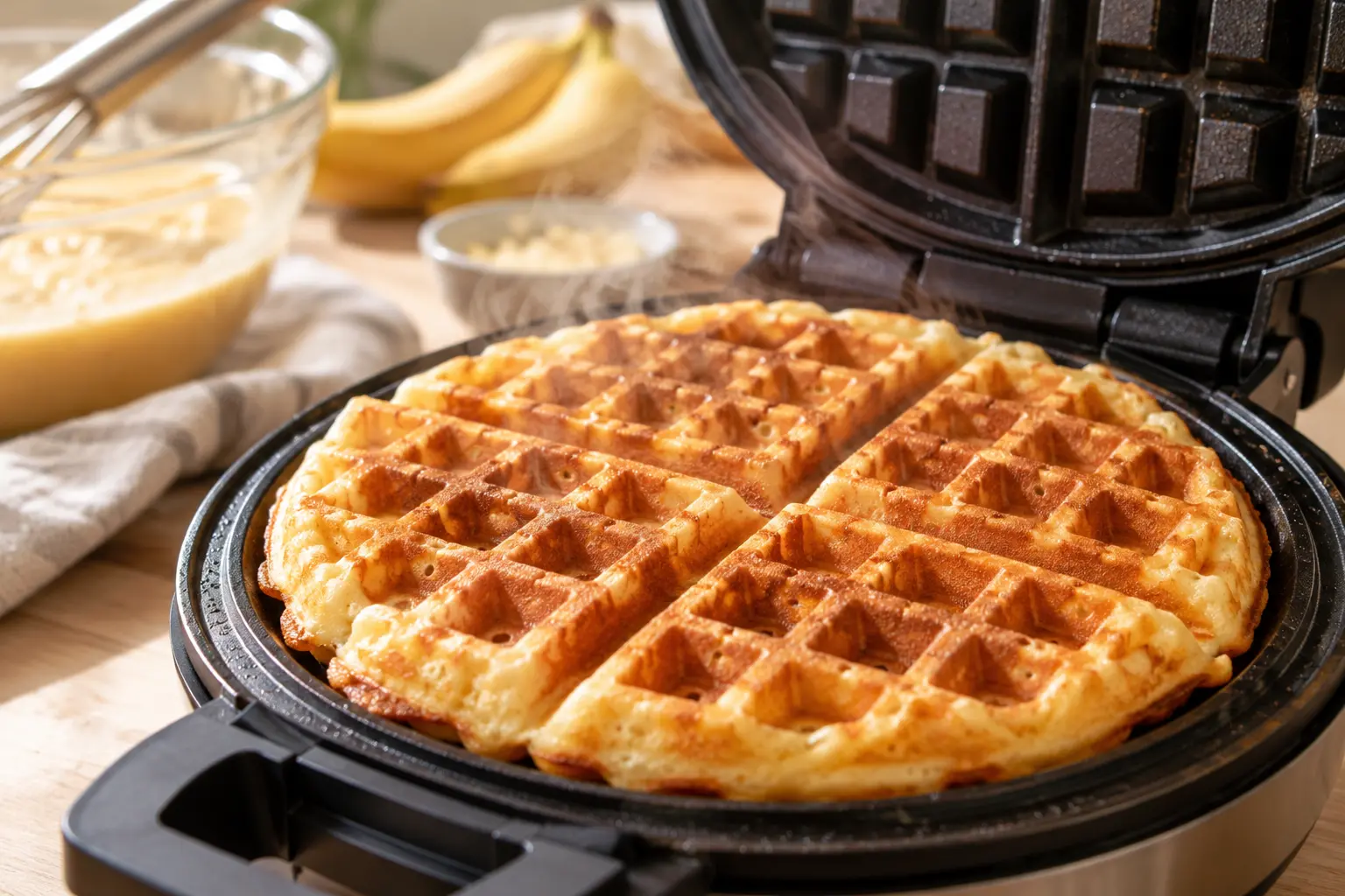 Gaufre banane-noix en train de cuire dans un gaufrier ouvert, dorée et alvéolée