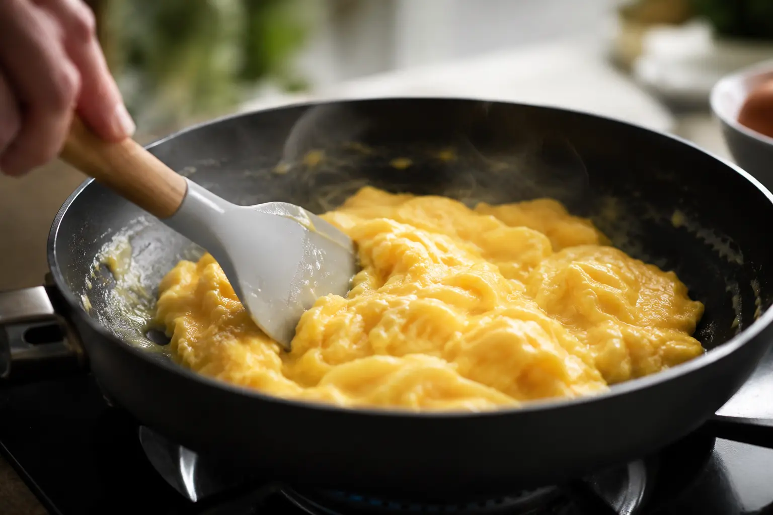 Main remuant des œufs brouillés crémeux dans une poêle avec une spatule en silicone