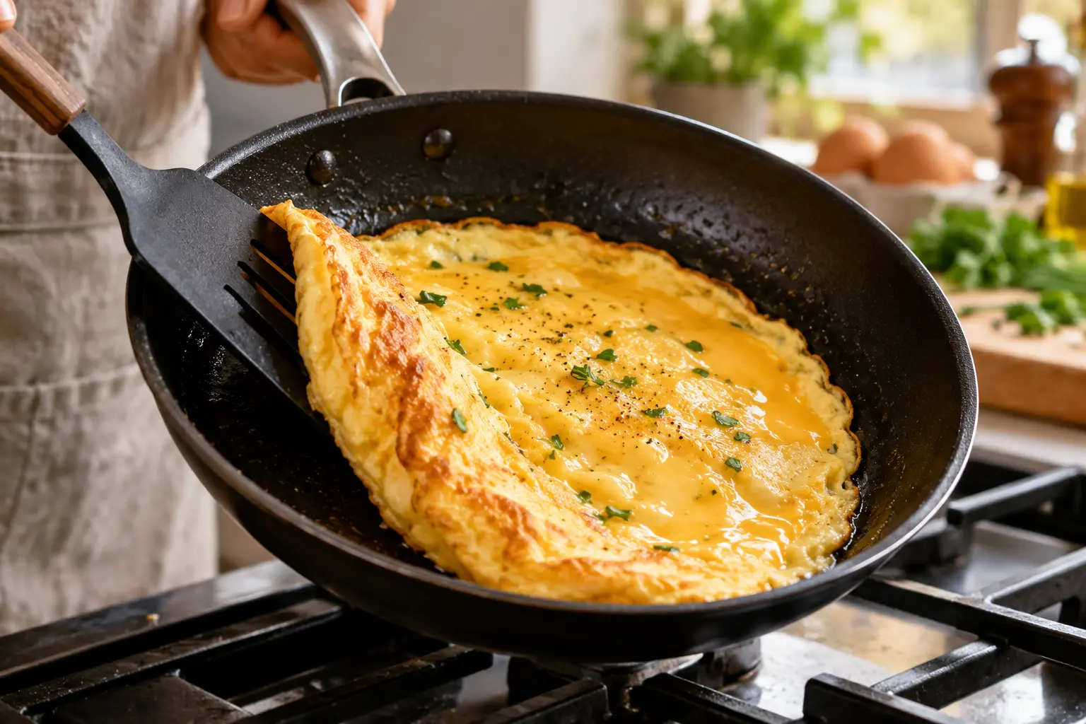 Omelette en cours de cuisson dans une poêle, bords dorés et centre encore brillant