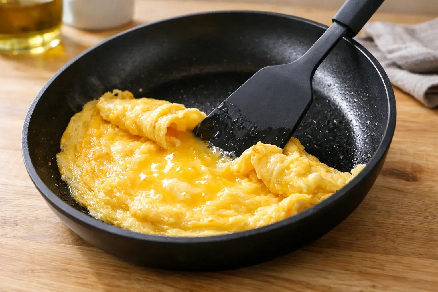 Spatule ramenant les bords coagulés d'une omelette vers le centre dans une poêle antiadhésive, œufs encore coulants au centre bien visibles, mouvement de poignet en action, plan de travail en bois clair