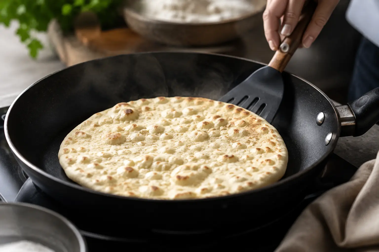 Pain plat au cottage cheese en train de dorer dans une poêle antiadhésive
