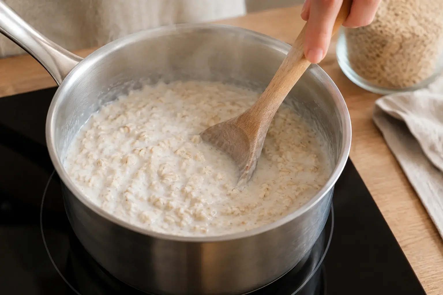 Casserole sur le feu avec des flocons d'avoine en train de cuire dans du lait, une cuillère en bois remue le mélange