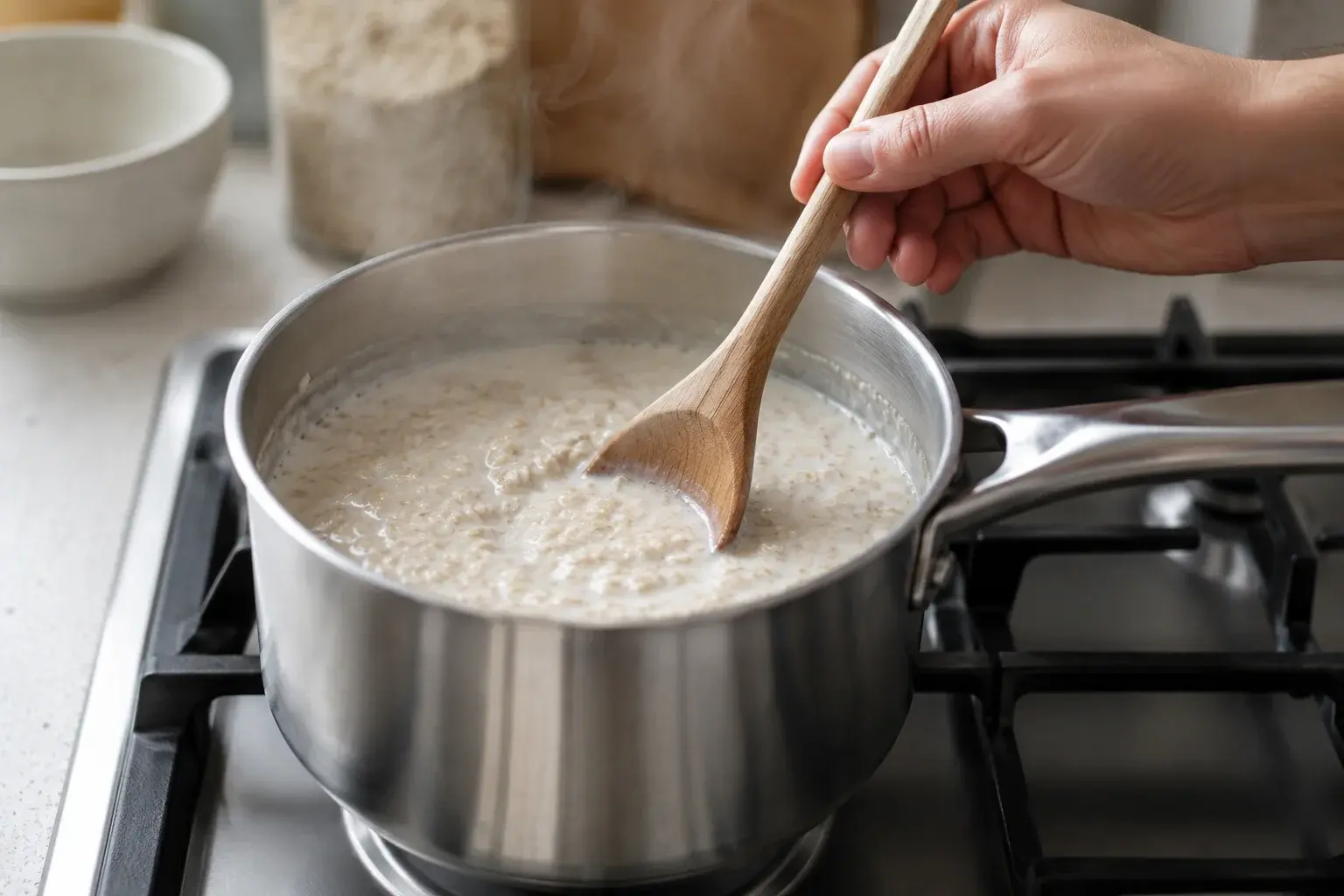 Flocons d'avoine en train de cuire dans une casserole avec du lait, cuillère en bois qui remue
