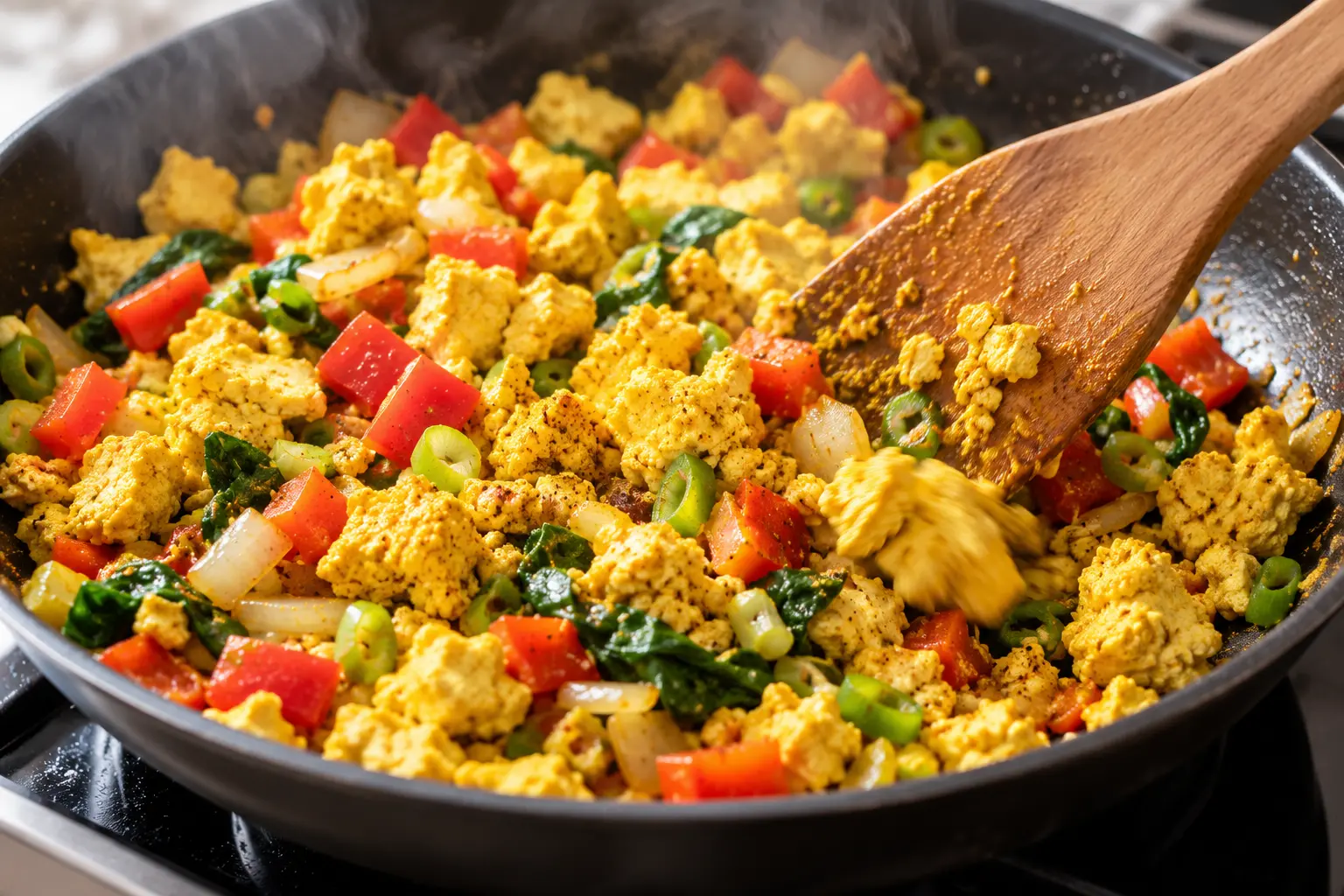 Spatule mélangeant du tofu émietté doré au curcuma dans une poêle avec des légumes