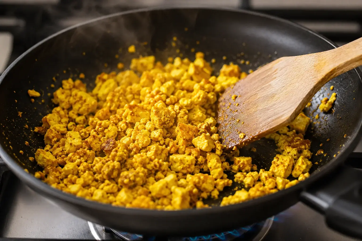 Tofu brouillé doré au curcuma en train de cuire dans une poêle