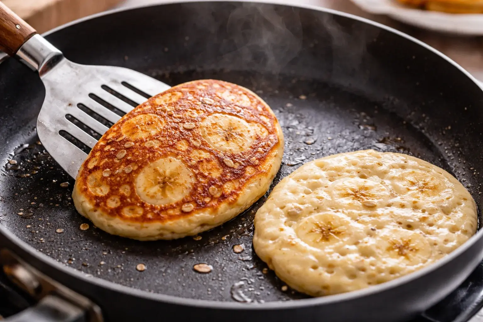 Spatule retournant un pancake banane-avoine doré dans une poêle antiadhésive, bulles visibles à la surface