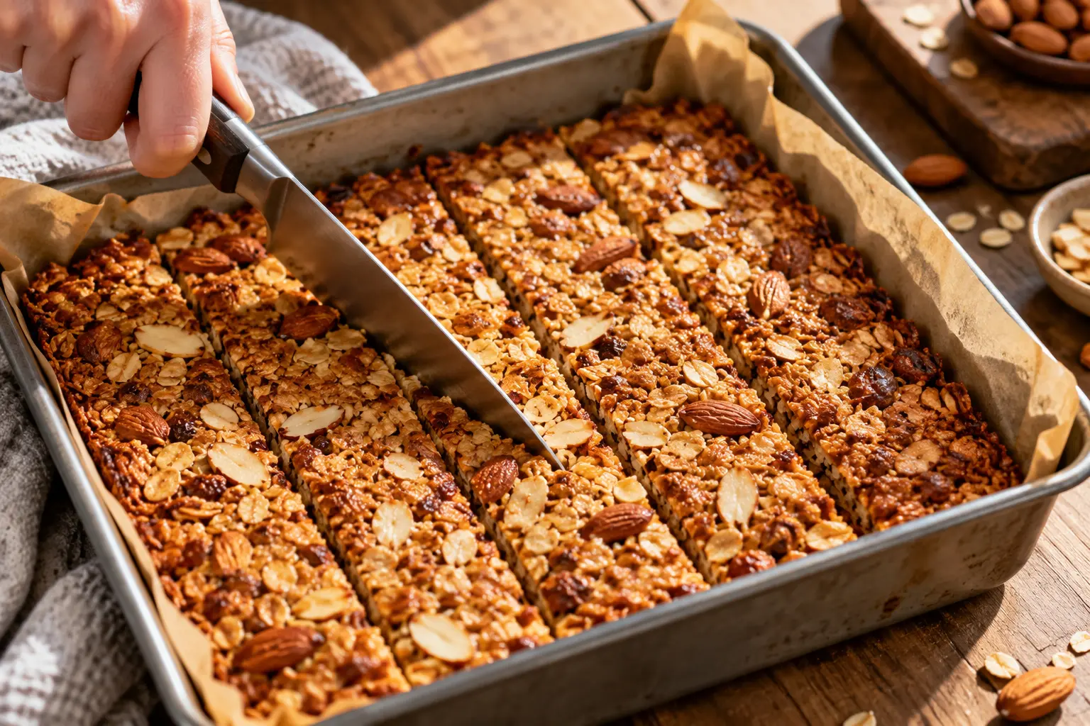 Barres amandes-miel dorées en train d'être découpées au couteau sur une planche