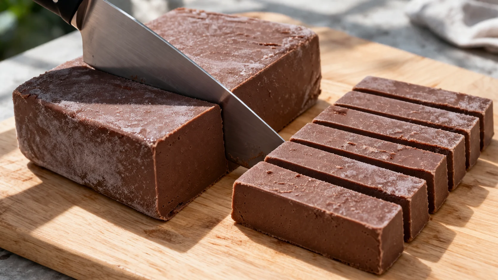 Grand couteau découpant le bloc de masse protéinée chocolat congelé sur une planche en bois clair, coupe nette et franche, barres régulières déjà découpées visibles à côté