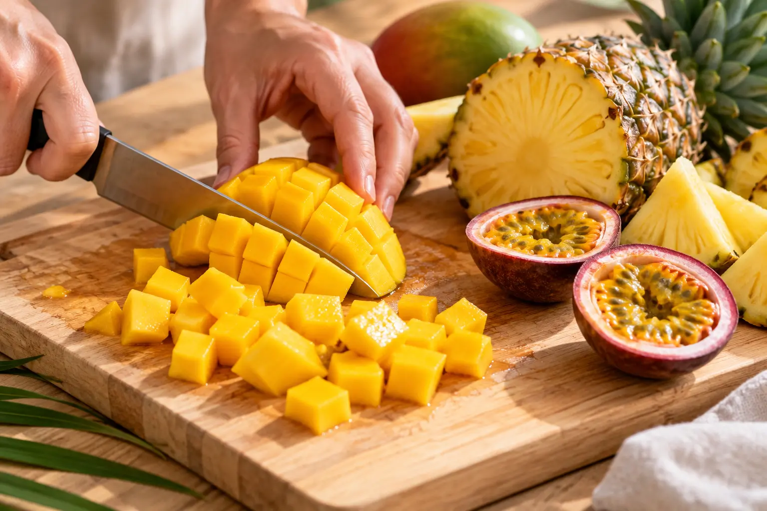 Main découpant des dés de mangue fraîche sur une planche à découper en bois