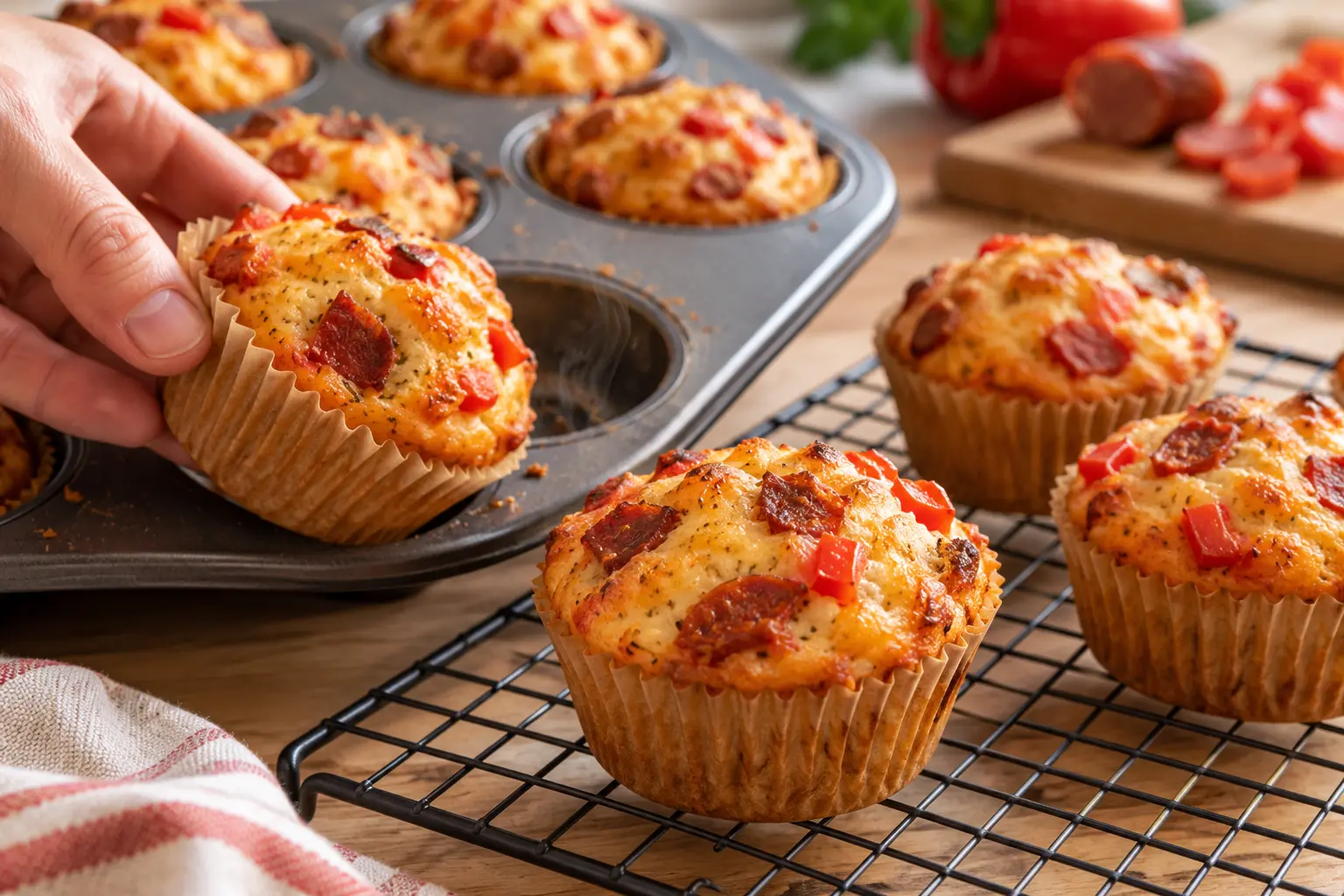 Muffins chorizo-poivrons dorés posés sur une grille de refroidissement