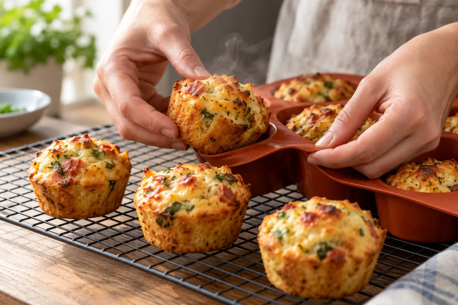 Muffins tomates-olives dorés en train d'être démoulés sur une grille de refroidissement