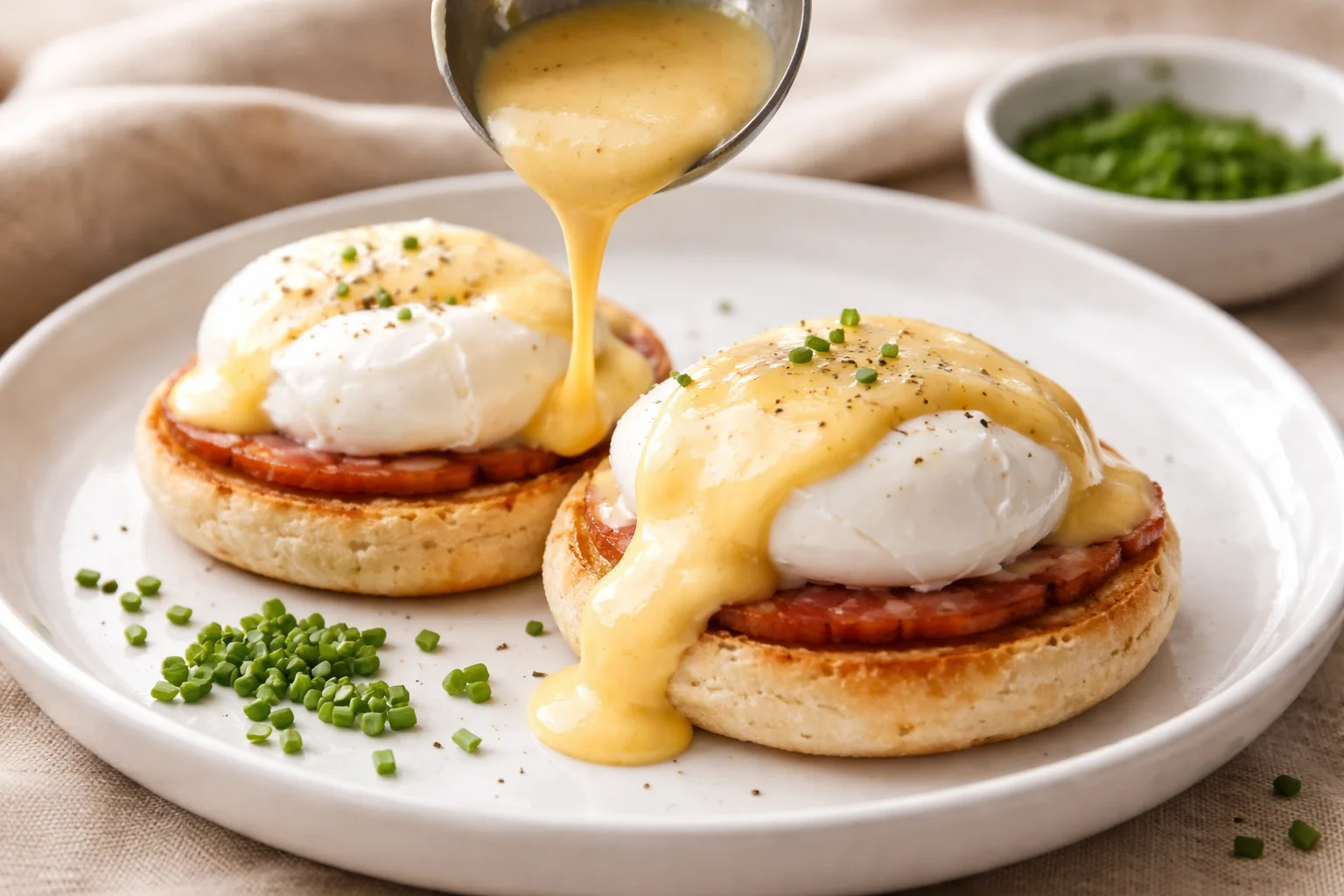 Petite louche versant la sauce hollandaise crémeuse et dorée sur deux œufs pochés posés sur des muffins anglais grillés dans une assiette, ciboulette verte prête à être parsemée, fond lin beige