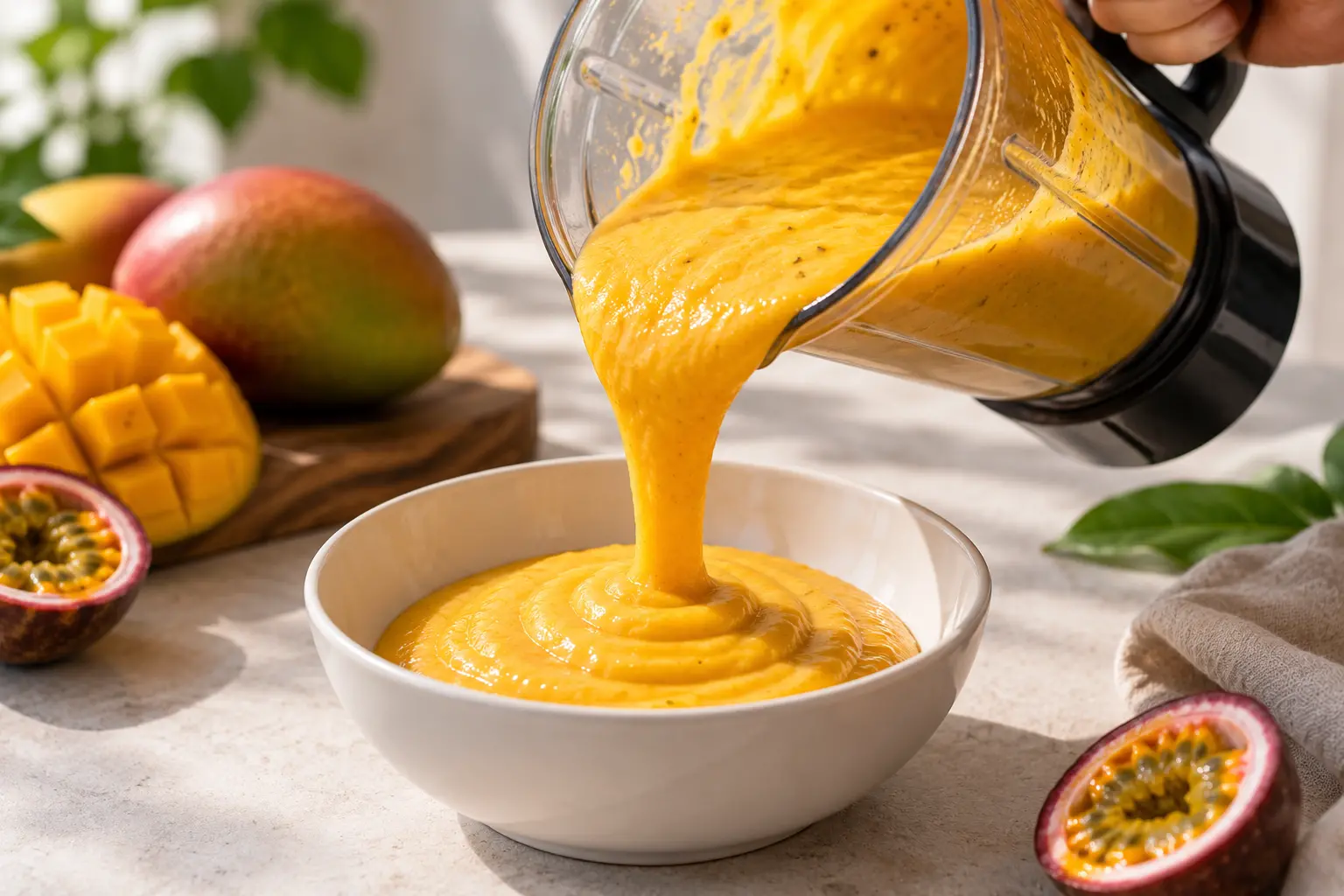 Préparation épaisse de smoothie mangue-passion versée dans un bol en céramique