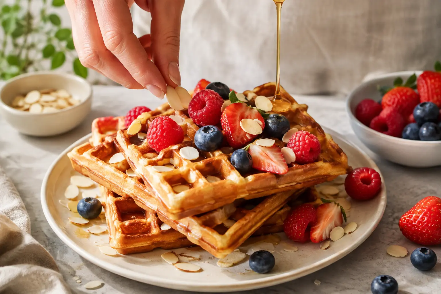 Gaufres protéinées aux amandes dressées avec des fruits frais et des amandes effilées