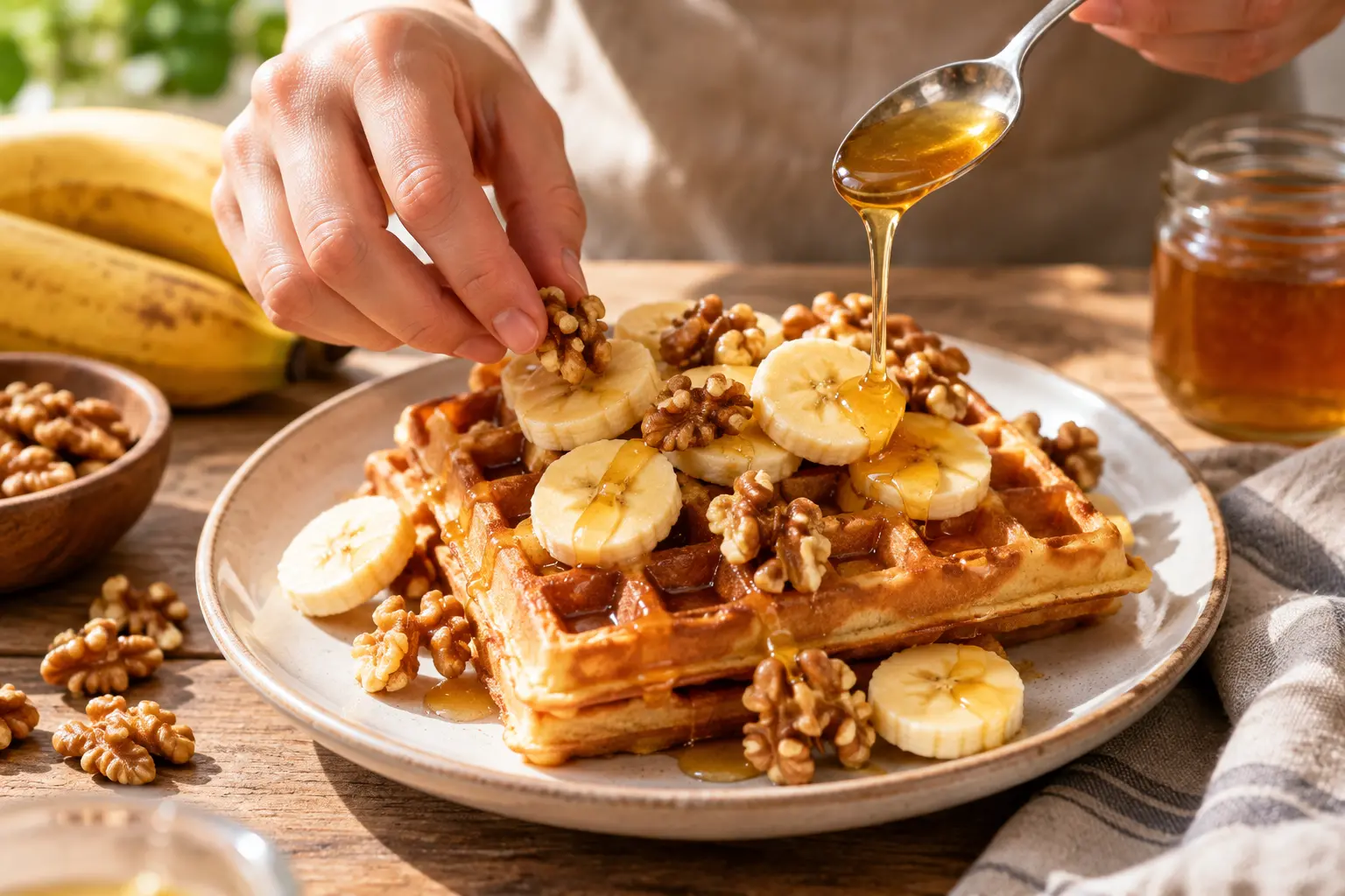 Assiette de gaufres banane-noix protéinées garnies de rondelles de banane et de noix