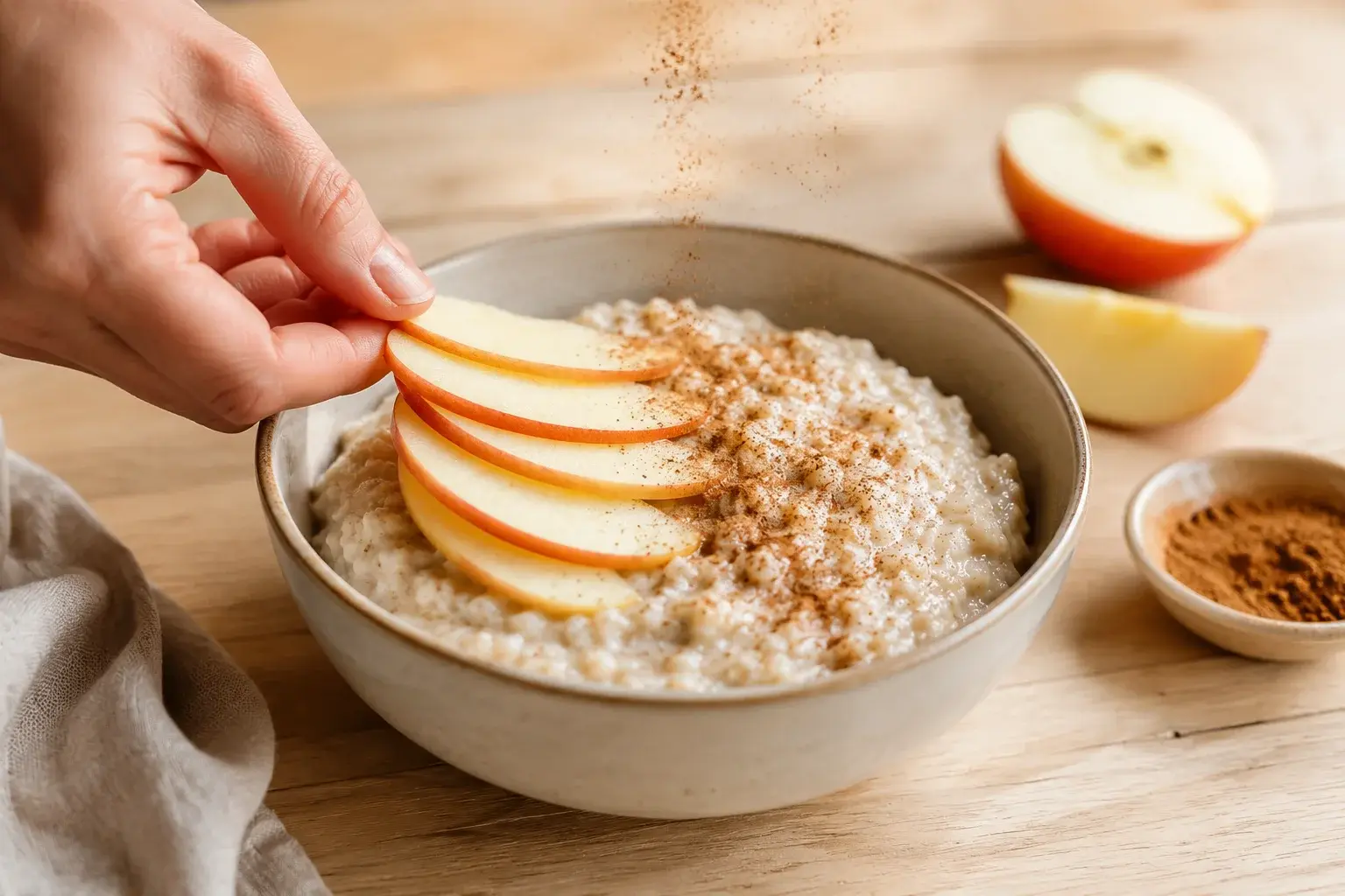 Bol de porridge garni de tranches de pomme, noix concassées et cannelle saupoudrée, vu en plongée