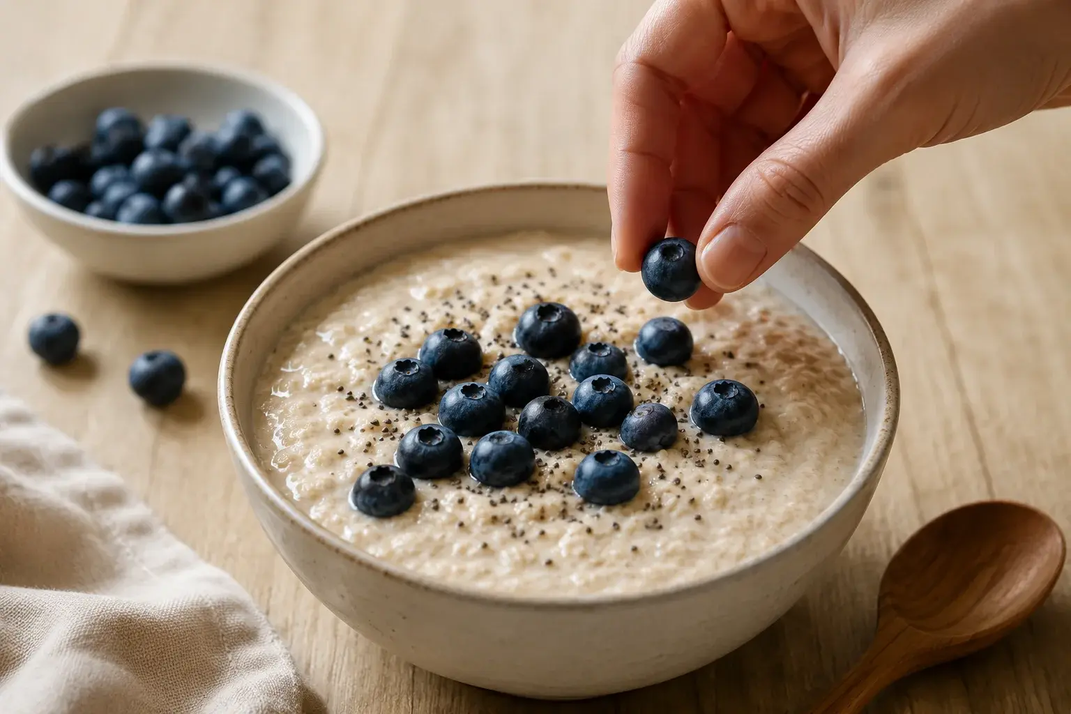 Main déposant des myrtilles fraîches sur un bol de porridge protéiné crémeux