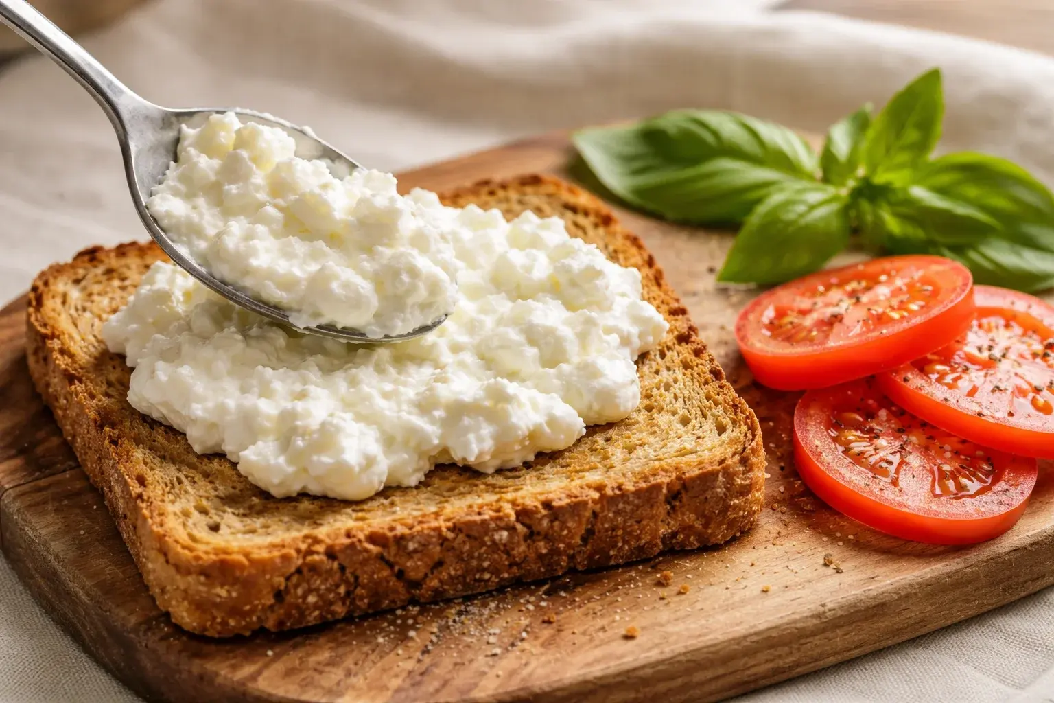 Cuillère étalant généreusement le cottage cheese crémeux sur une tranche de pain complet grillée, texture grumeleuse naturelle visible, rondelles de tomates et basilic prêts à être disposés, fond lin beige