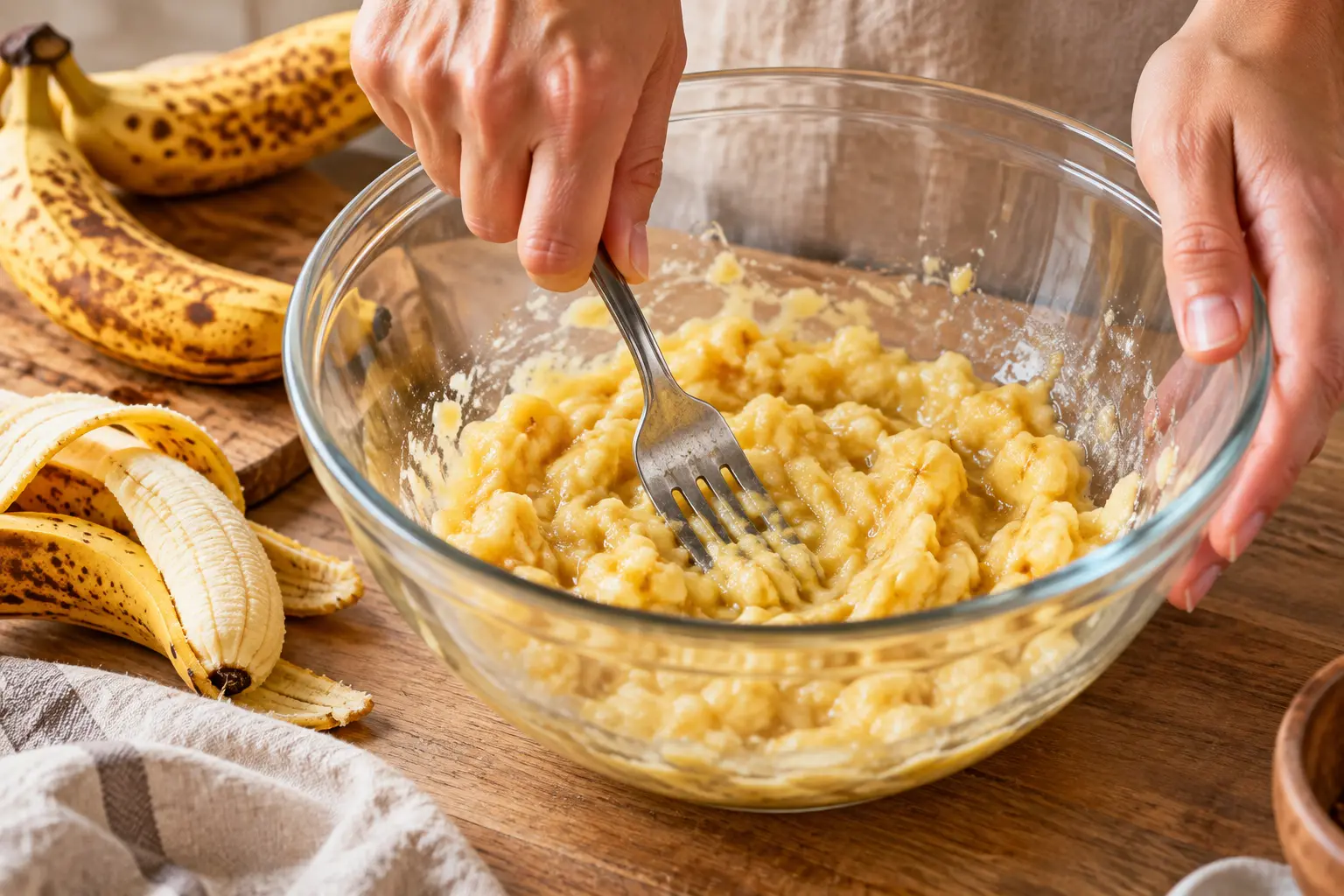 Bananes mûres écrasées à la fourchette dans un saladier