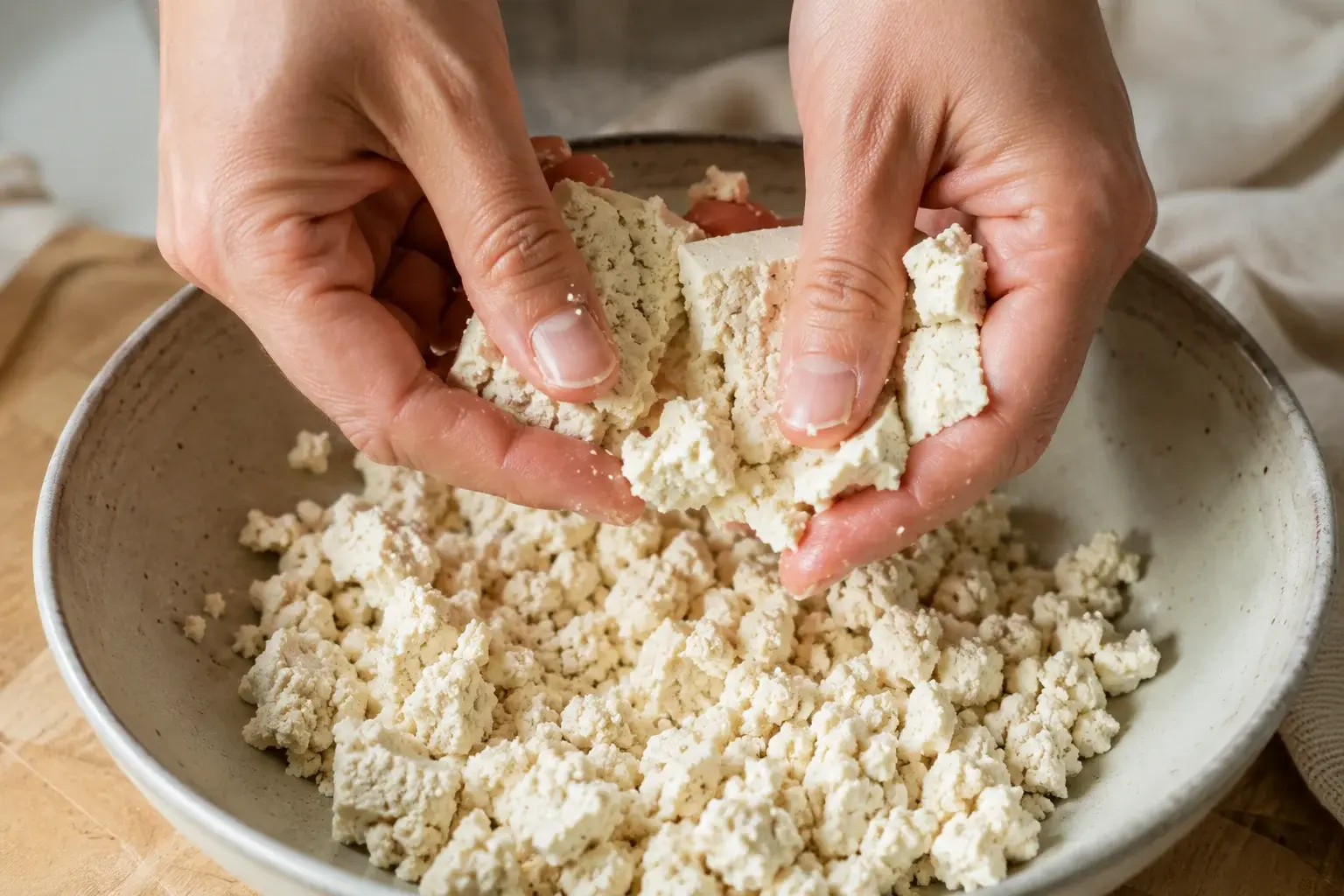 Mains émiettant du tofu ferme dans un bol
