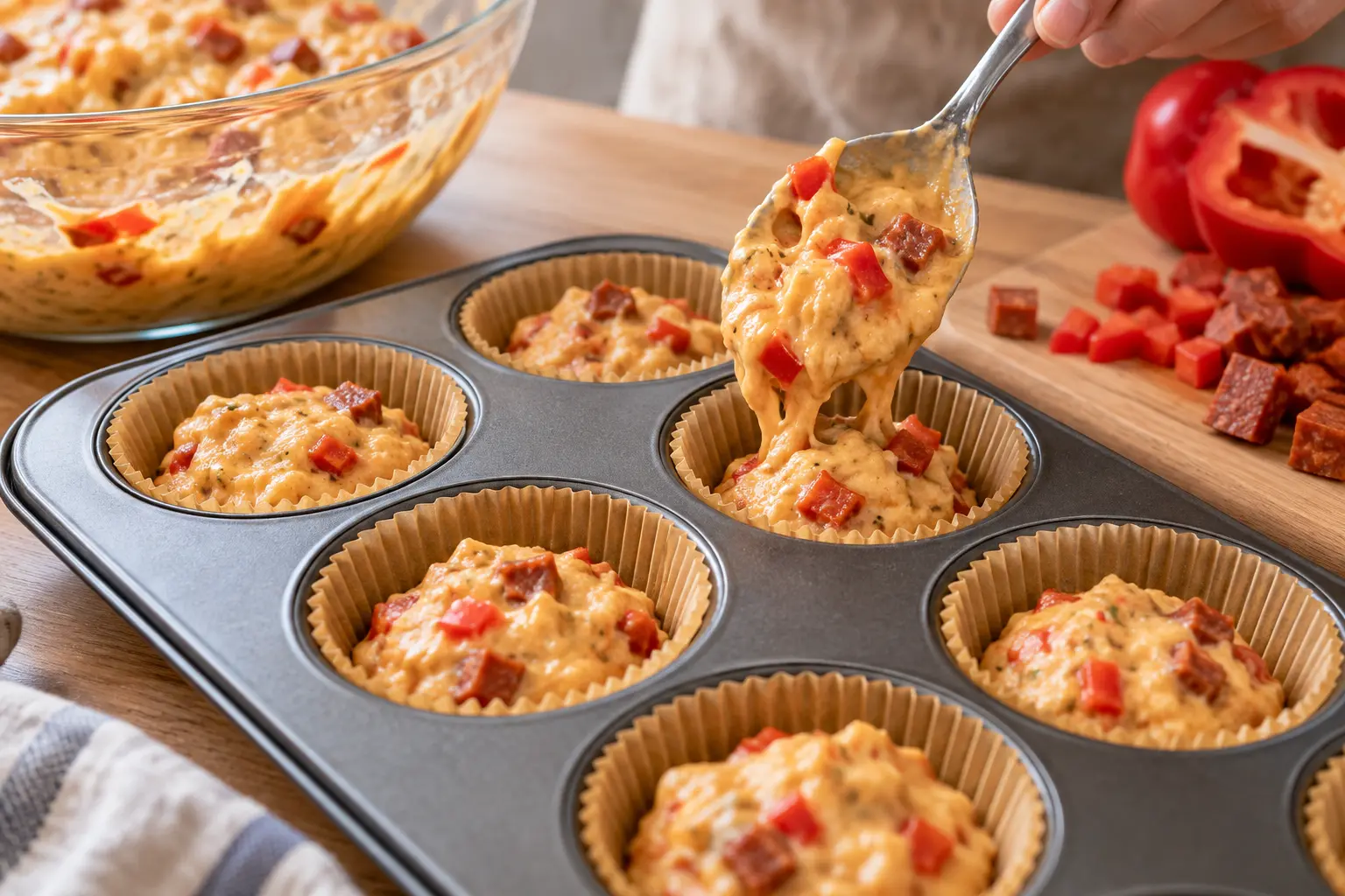 Moule à muffins rempli de pâte avec morceaux de chorizo et poivron visibles avant cuisson
