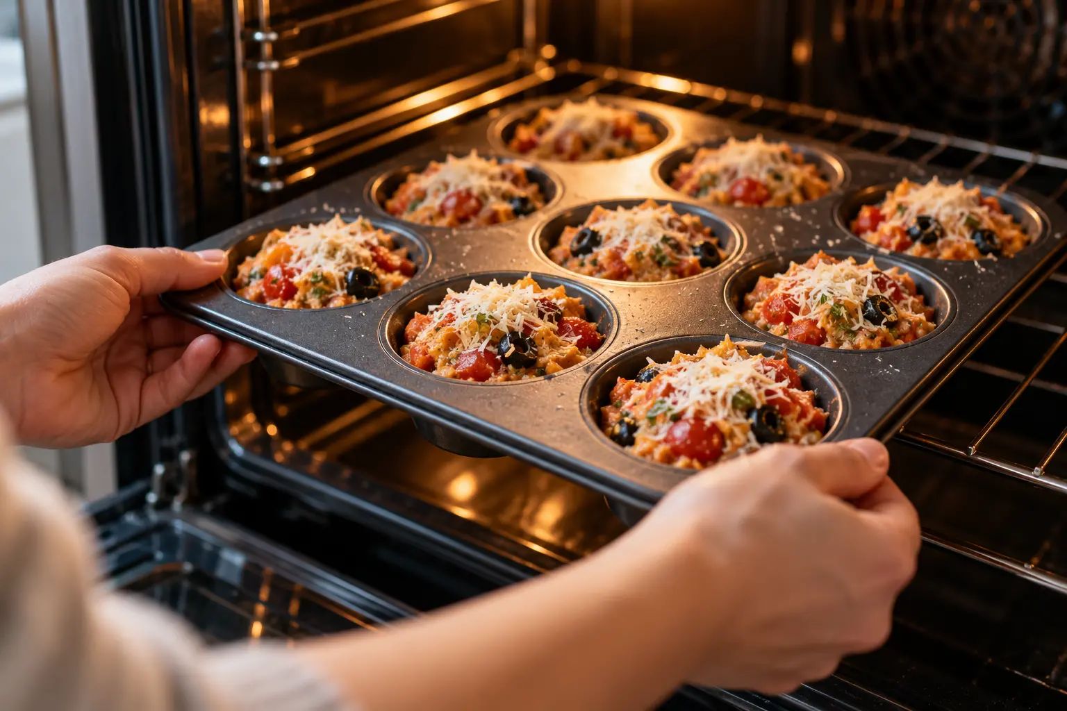 Moule à muffins rempli de pâte avec parmesan saupoudré sur le dessus avant enfournement