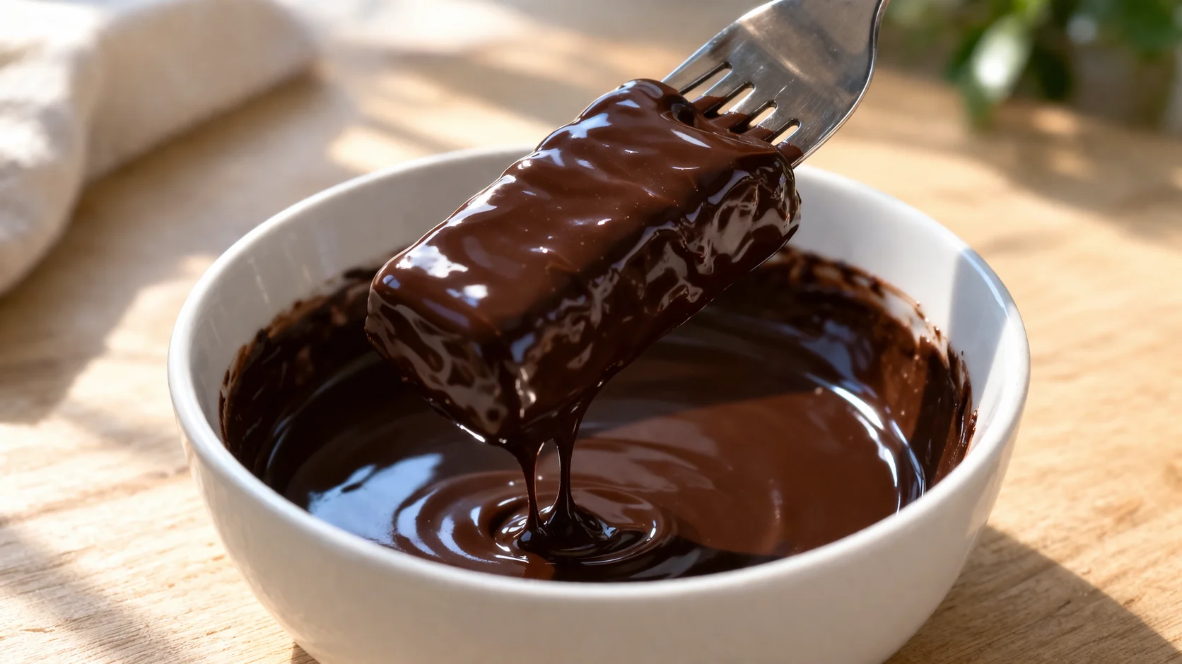 Fourchette trempant une barre protéinée froide dans du chocolat noir fondu et brillant dans un bol, enrobage en cours avec excédent qui s'égoutte, plan de travail en bois clair