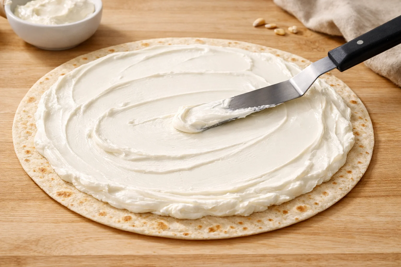 Spatule étalant le cream cheese blanc crémeux uniformément sur une tortilla complète à plat, couche généreuse et lisse visible, plan de travail en bois clair
