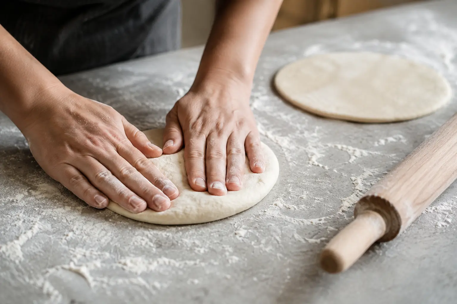 Mains qui aplatissent la pâte au cottage cheese sur un plan de travail fariné
