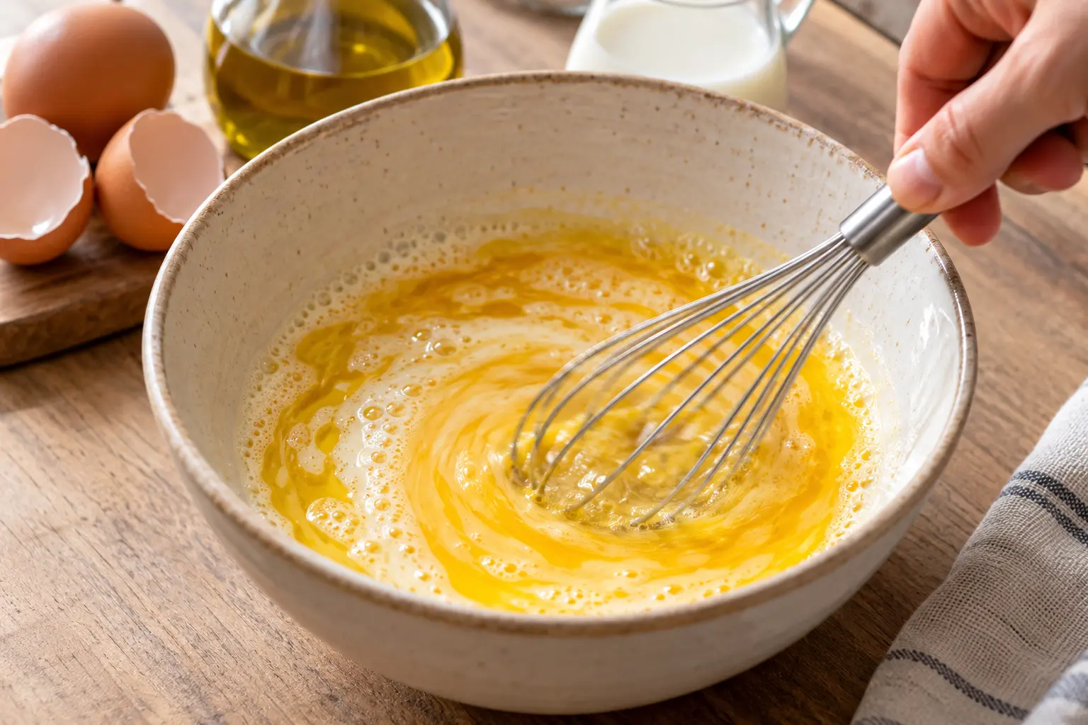 Bol avec les œufs battus, le lait et l'huile d'olive mélangés au fouet