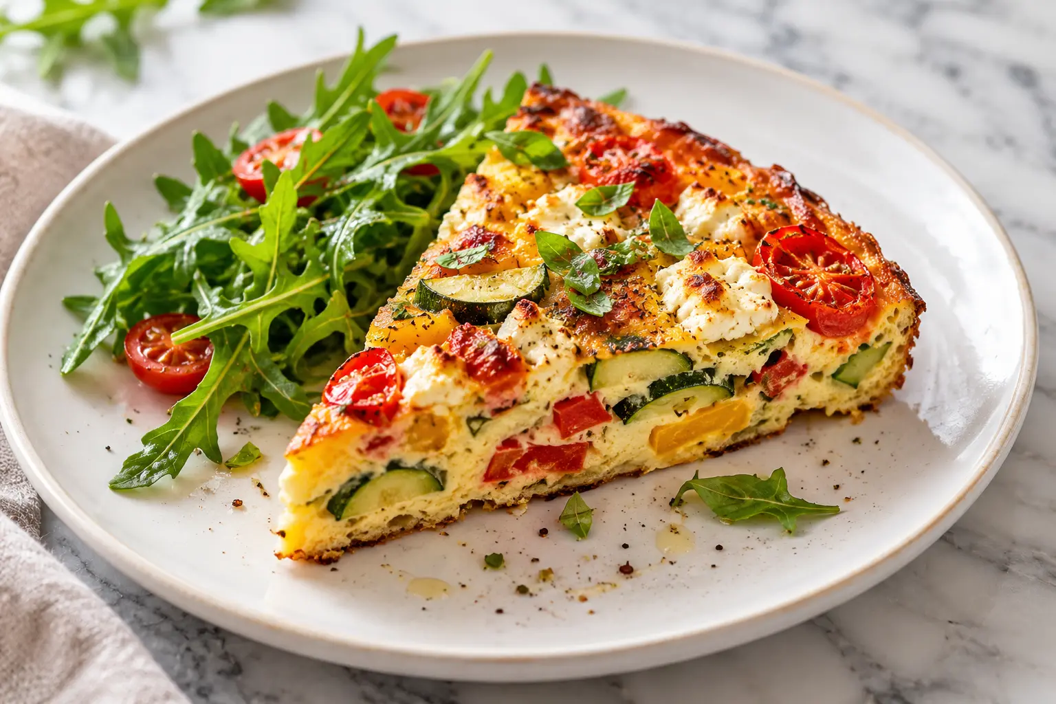 Part de frittata aux légumes du soleil servie dans une assiette avec salade verte