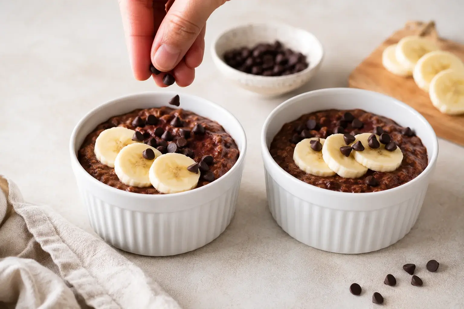 Pâte à baked oats versée dans un ramequin, pépites de chocolat parsemées sur le dessus