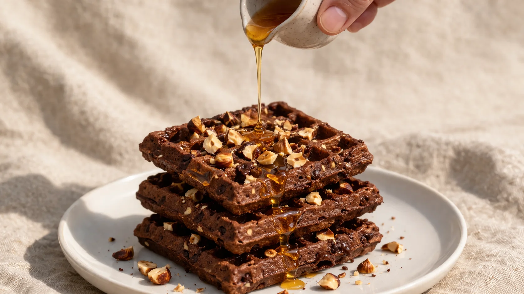 Gaufres chocolat-noisette protéinées empilées sur assiette blanche, noisettes grillées concassées saupoudrées sur le dessus et filet de miel doré coulant, fond lin beige