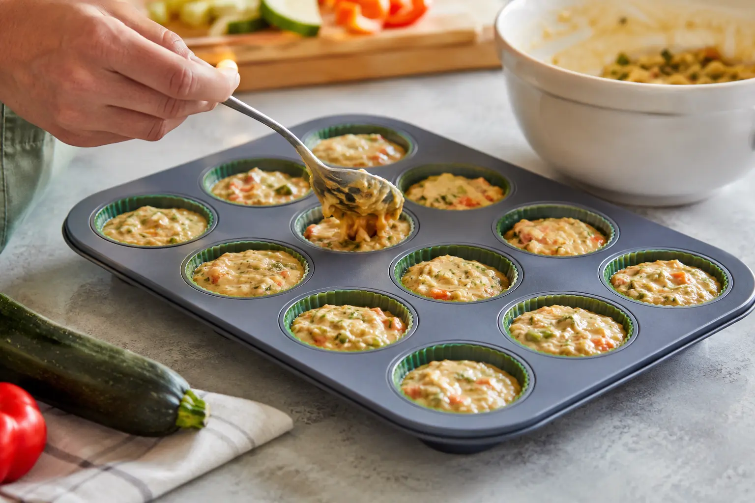 Pâte à muffins versée dans un moule à muffins en silicone, prête à enfourner