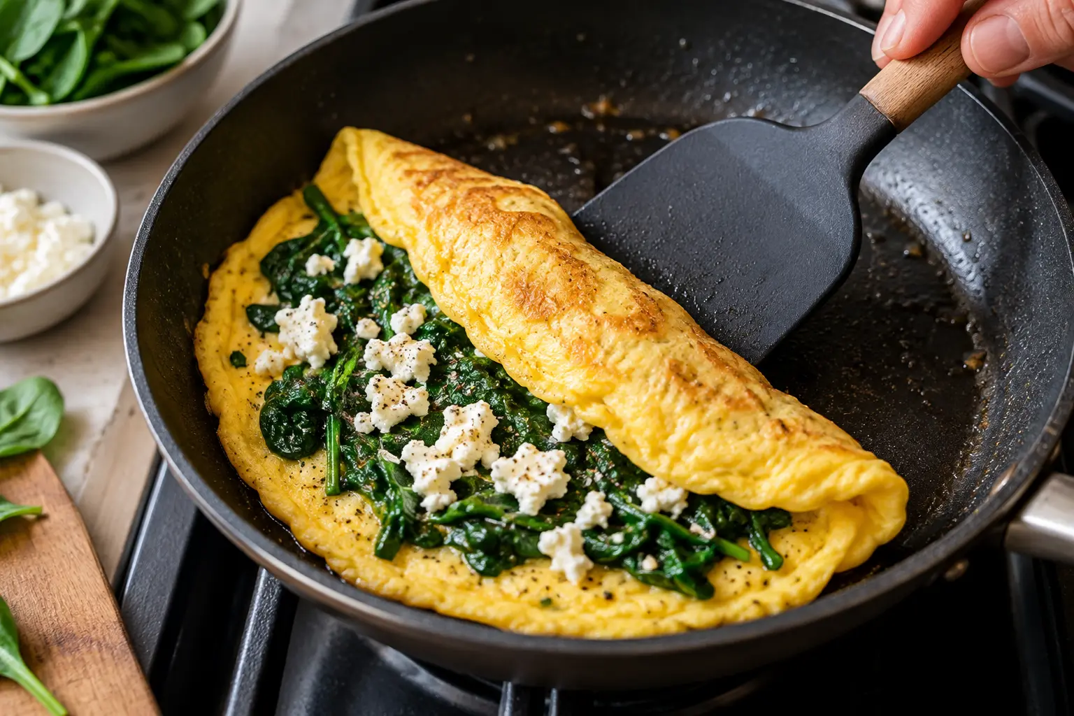 Omelette garnie d'épinards et de feta émiettée en train d'être pliée dans la poêle