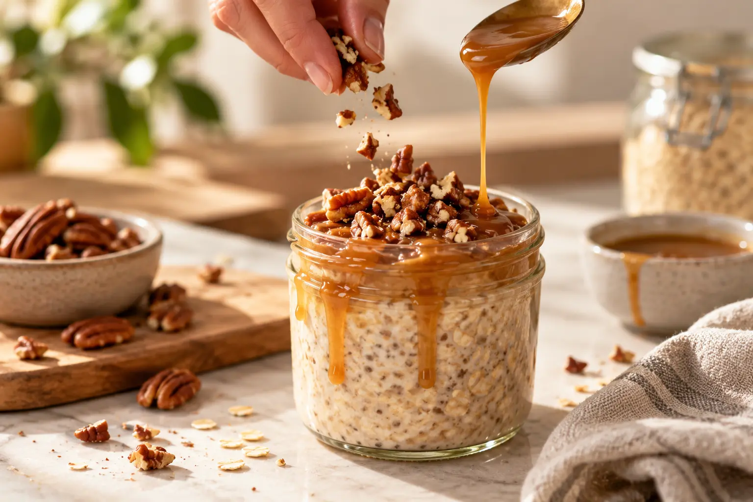 Ajout des noix de pécan et d'un filet de caramel sur les overnight oats