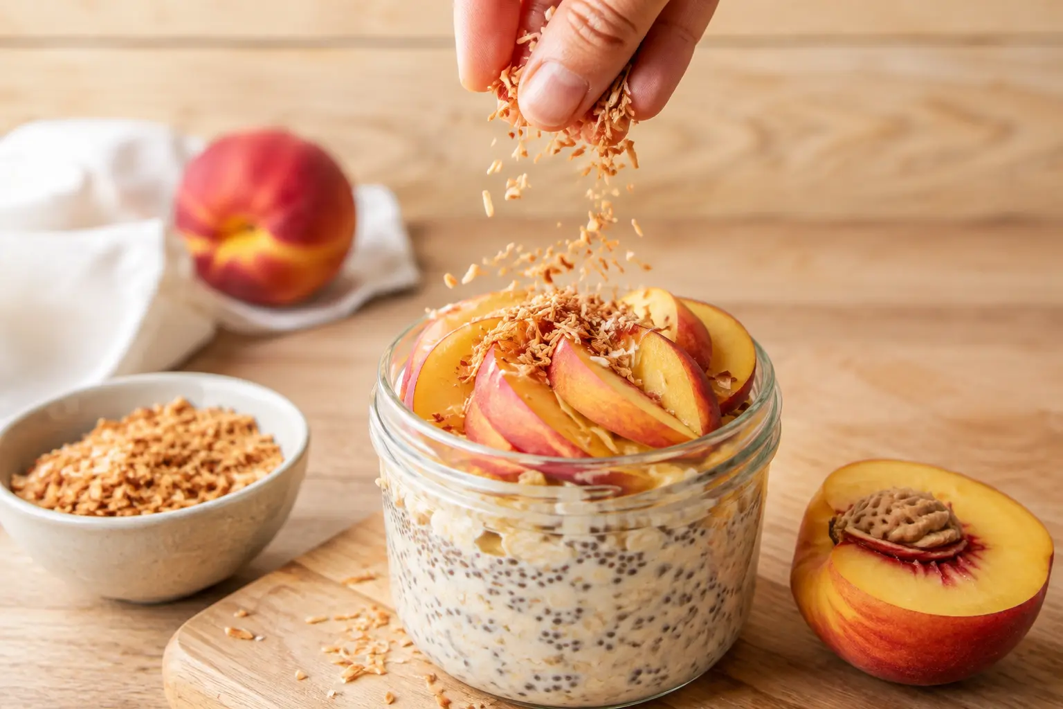 Main parsemant de la noix de coco râpée sur un bocal de overnight oats garni de pêche