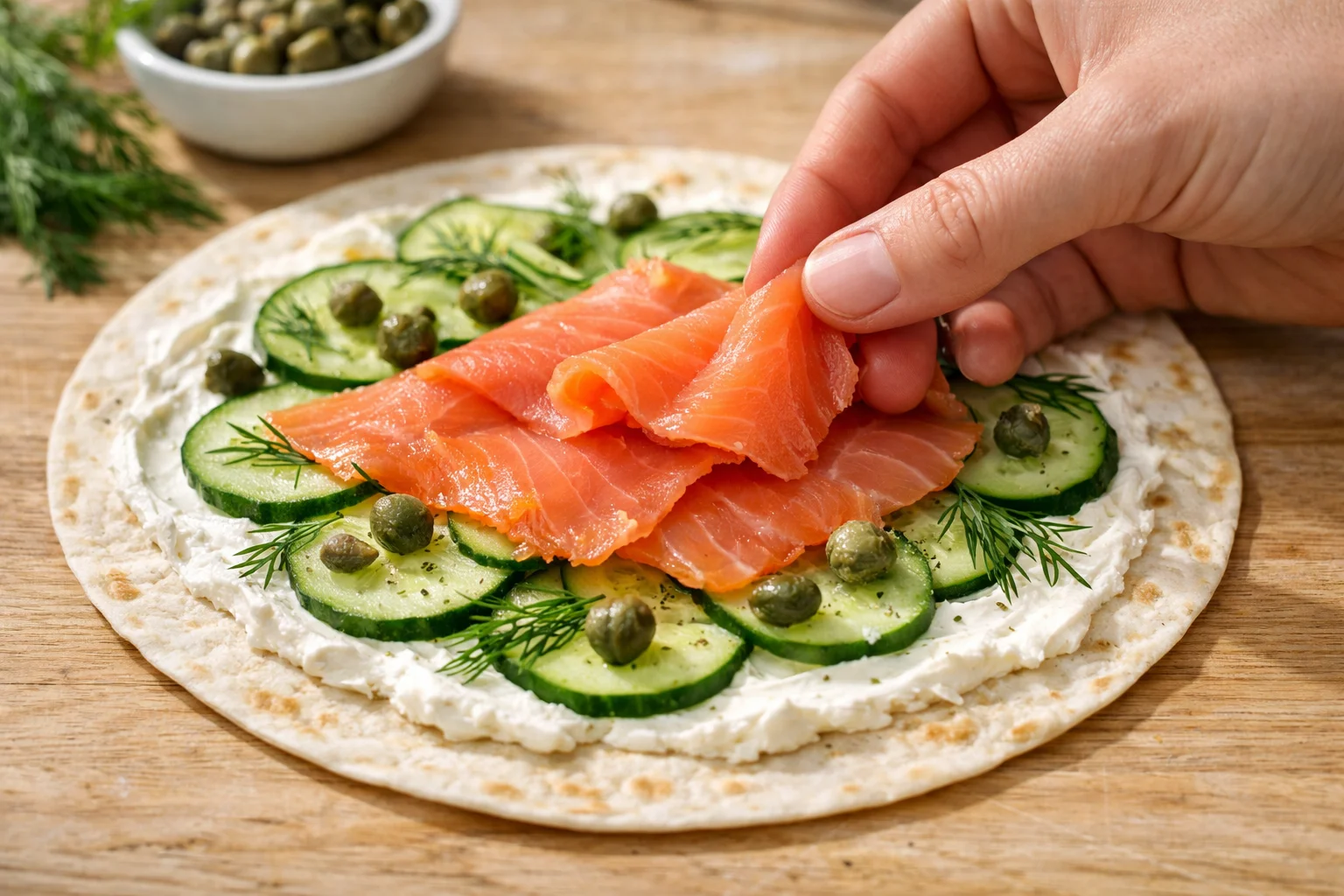 Tortilla garnie avec des tranches de saumon fumé rose disposées en se chevauchant, rondelles de concombre et câpres réparties, brins d'aneth frais verts visibles, plan de travail en bois clair