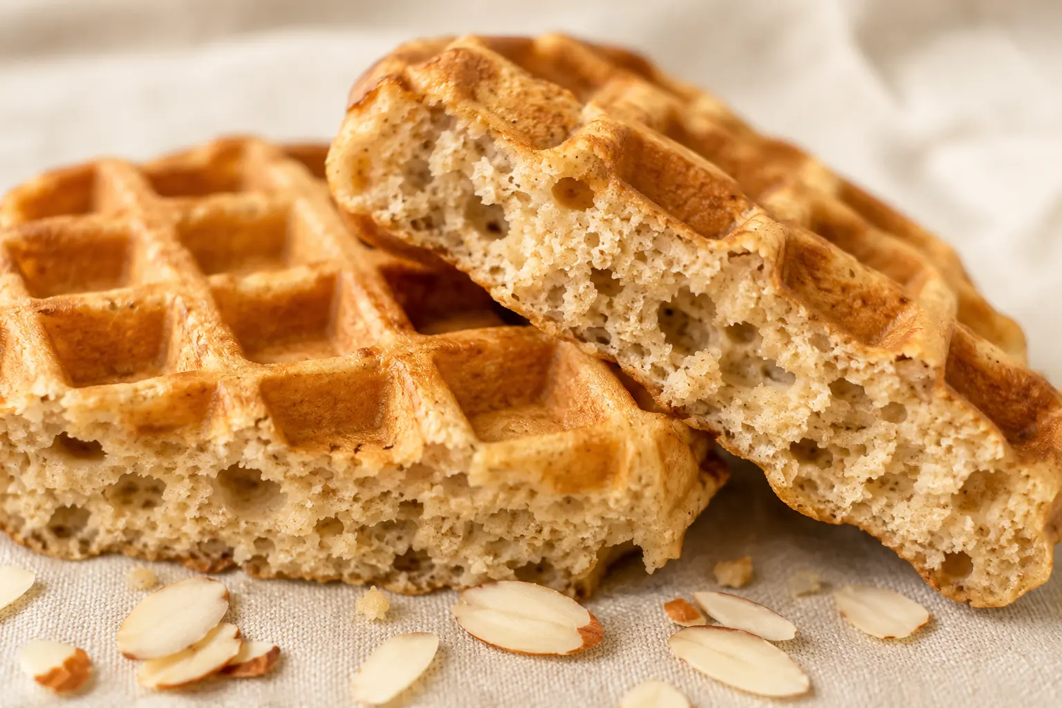Gros plan sur une gaufre protéinée aux amandes montrant la texture croustillante