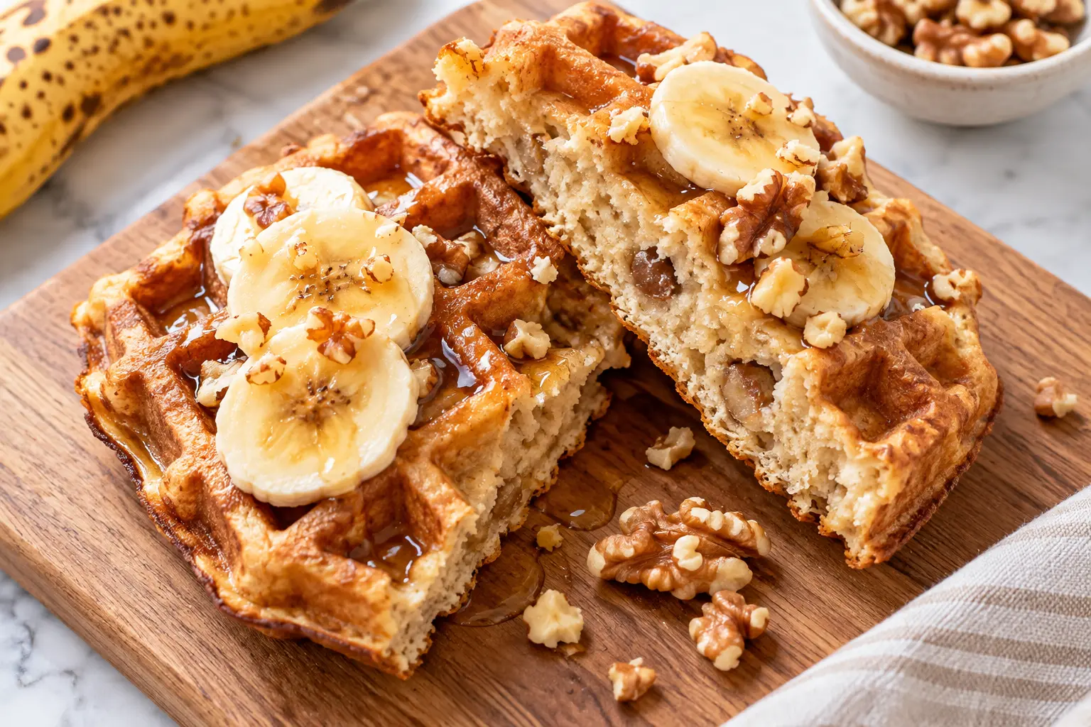 Gros plan sur une gaufre banane-noix protéinée montrant la texture alvéolée et les morceaux de noix
