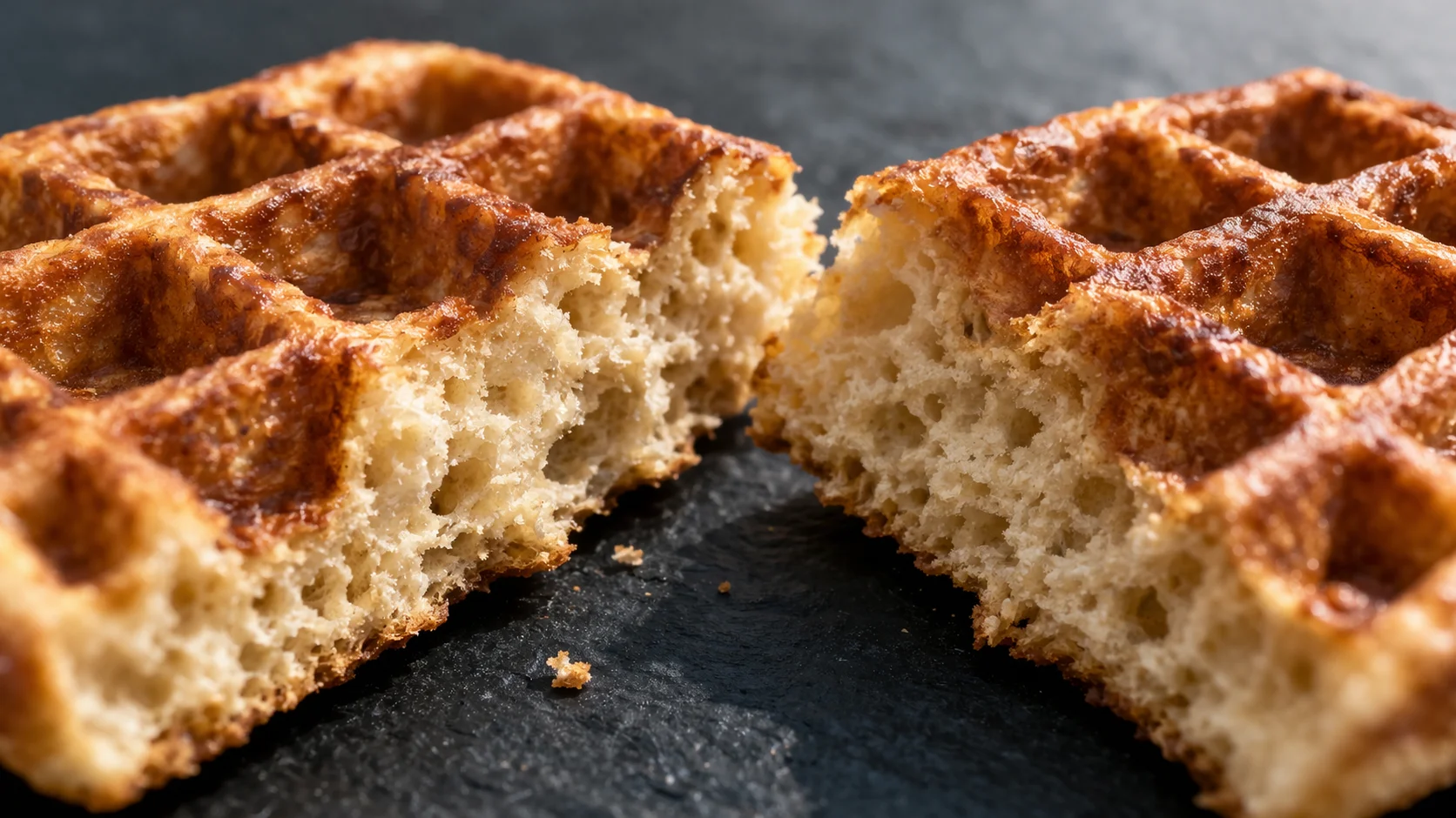 Gros plan sur la texture croustillante et dorée d'une gaufre protéinée cassée en deux, mie moelleuse et alvéoles bien formées visibles sur fond ardoise