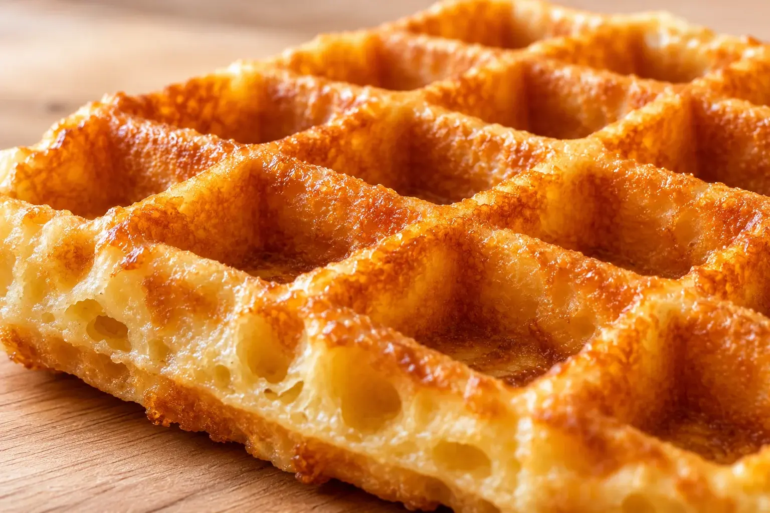 Gros plan sur une gaufre vanille protéinée montrant la texture alvéolée et dorée