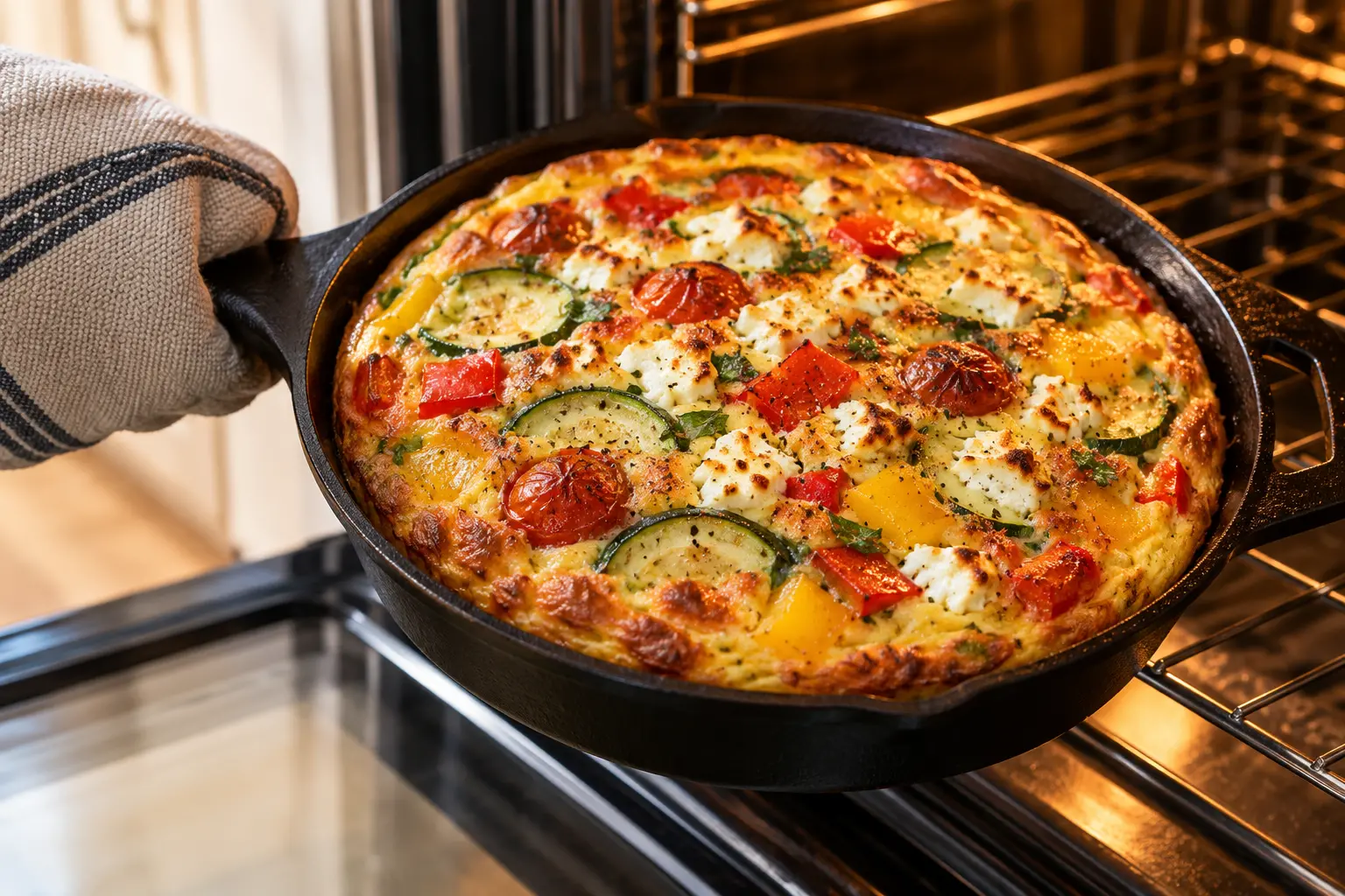 Frittata dorée et gonflée sortant du four avec la feta gratinée
