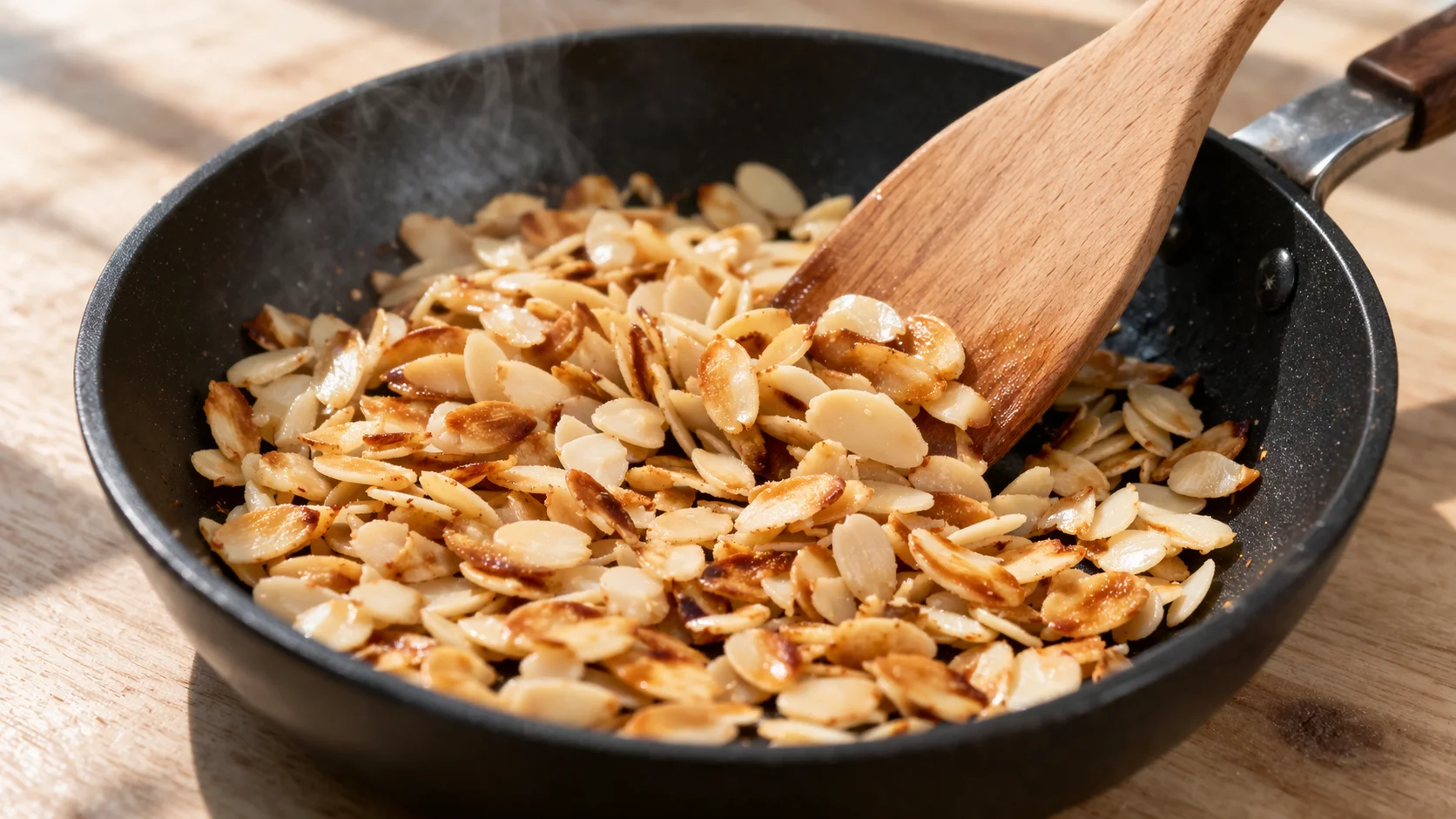 Amandes effilées en train de dorer dans une poêle à sec, spatule en bois les remuant, couleur dorée et odeur de noisette visible
