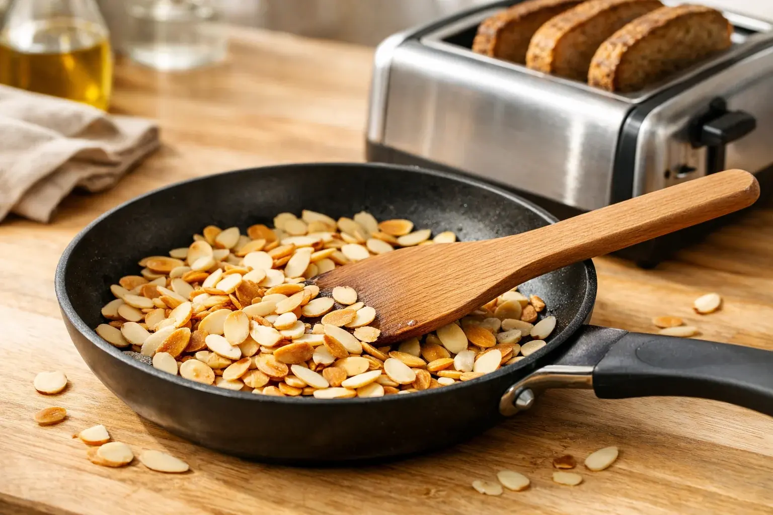 Pain complet doré et croustillant dans un grille-pain à côté d'une petite poêle avec des amandes effilées en train de dorer et parfumer, plan de travail en bois clair
