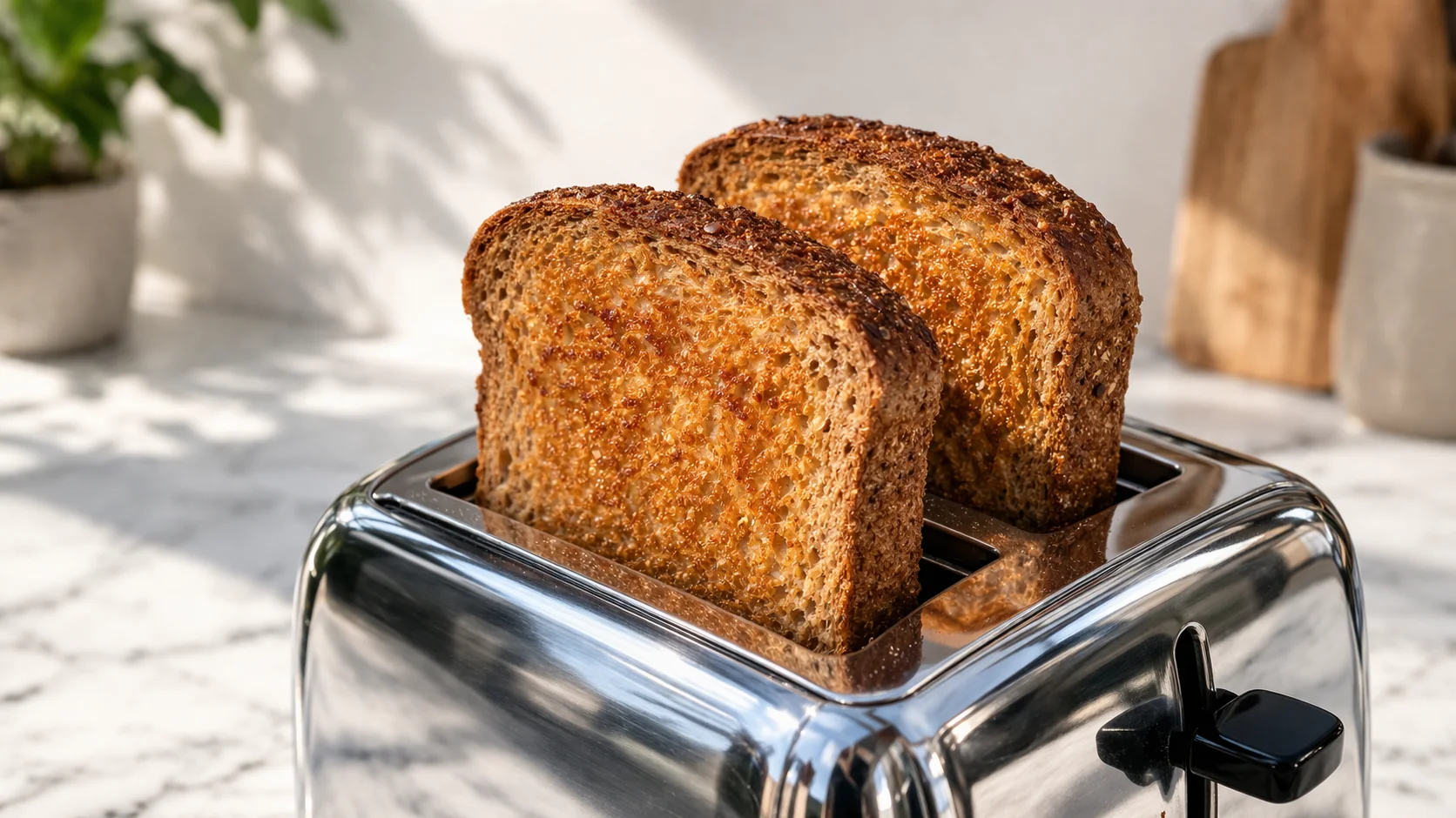 Deux tranches de pain de seigle dorées et croustillantes sortant du grille-pain, surface bien grillée et uniforme, plan de travail en marbre blanc