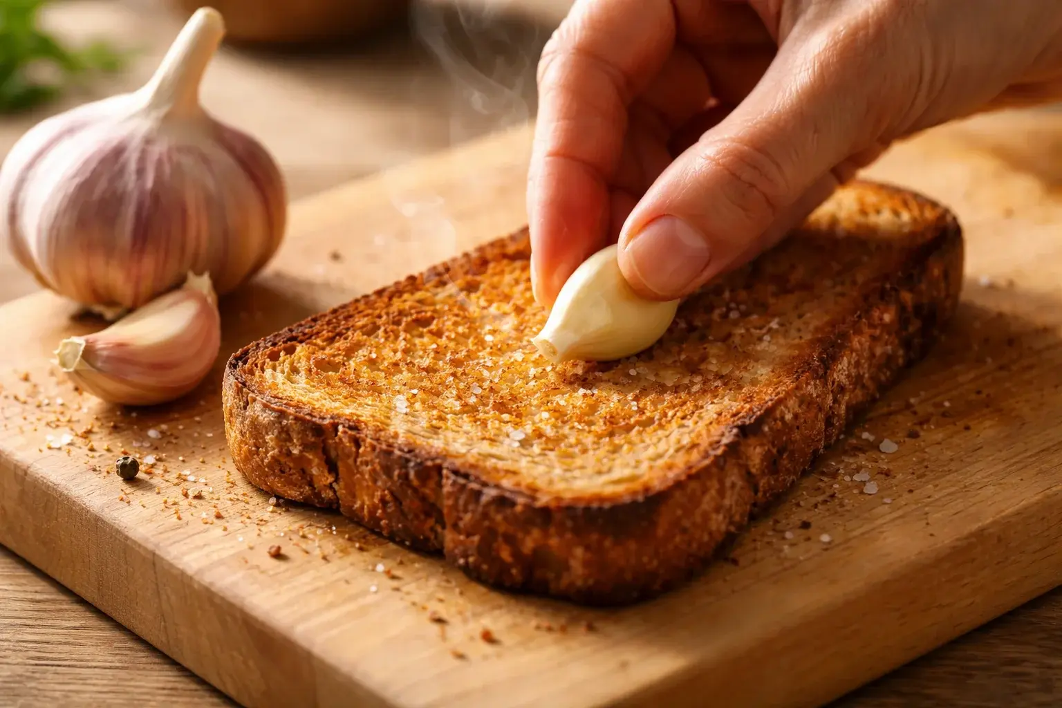 Tranche de pain complet dorée sortant du grille-pain, main frottant la surface chaude avec une demi-gousse d'ail, plan de travail en bois clair