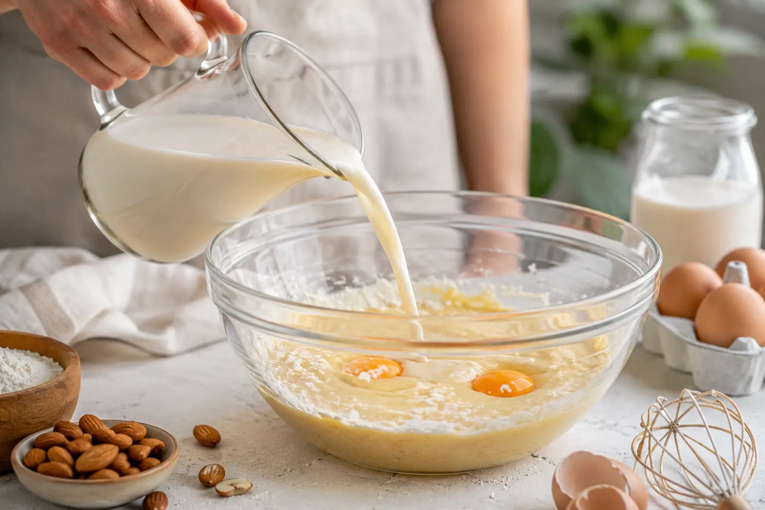 Incorporation du lait d'amande et des œufs dans la pâte à gaufres